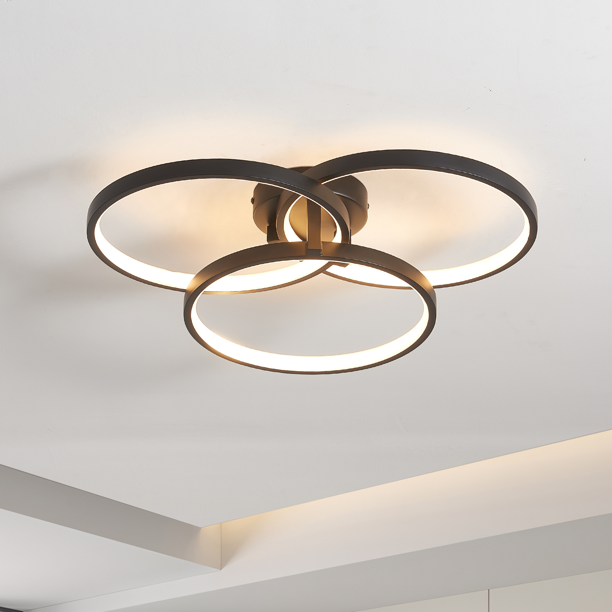 20″ Modern Black LED Ceiling Light, 3-Ring Flush Mount Fixture for Living Room, Bedroom, or Dining Room, Sleek and Energy-Efficient Design, Easy Installation