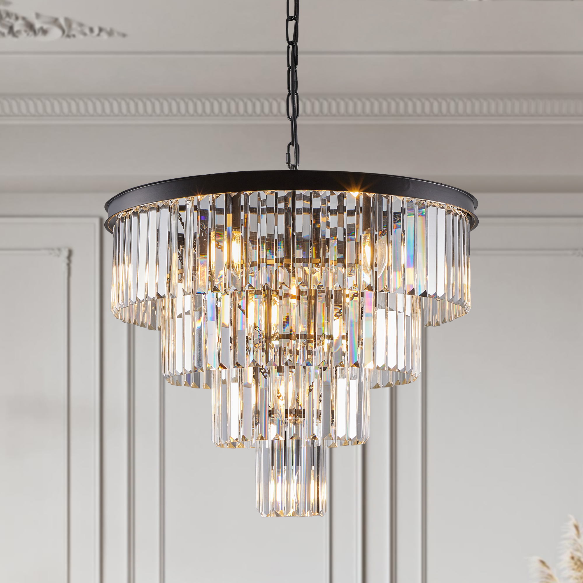 (Same as W1340P188542/L5007-600-B) 24″ Contemporary Crystal Modern Chandeliers Crystal Ceiling Chandelier 4 Tier Black Chandelier Lighting for Dining Room Living Room Bedroom (Bulbs Not included)