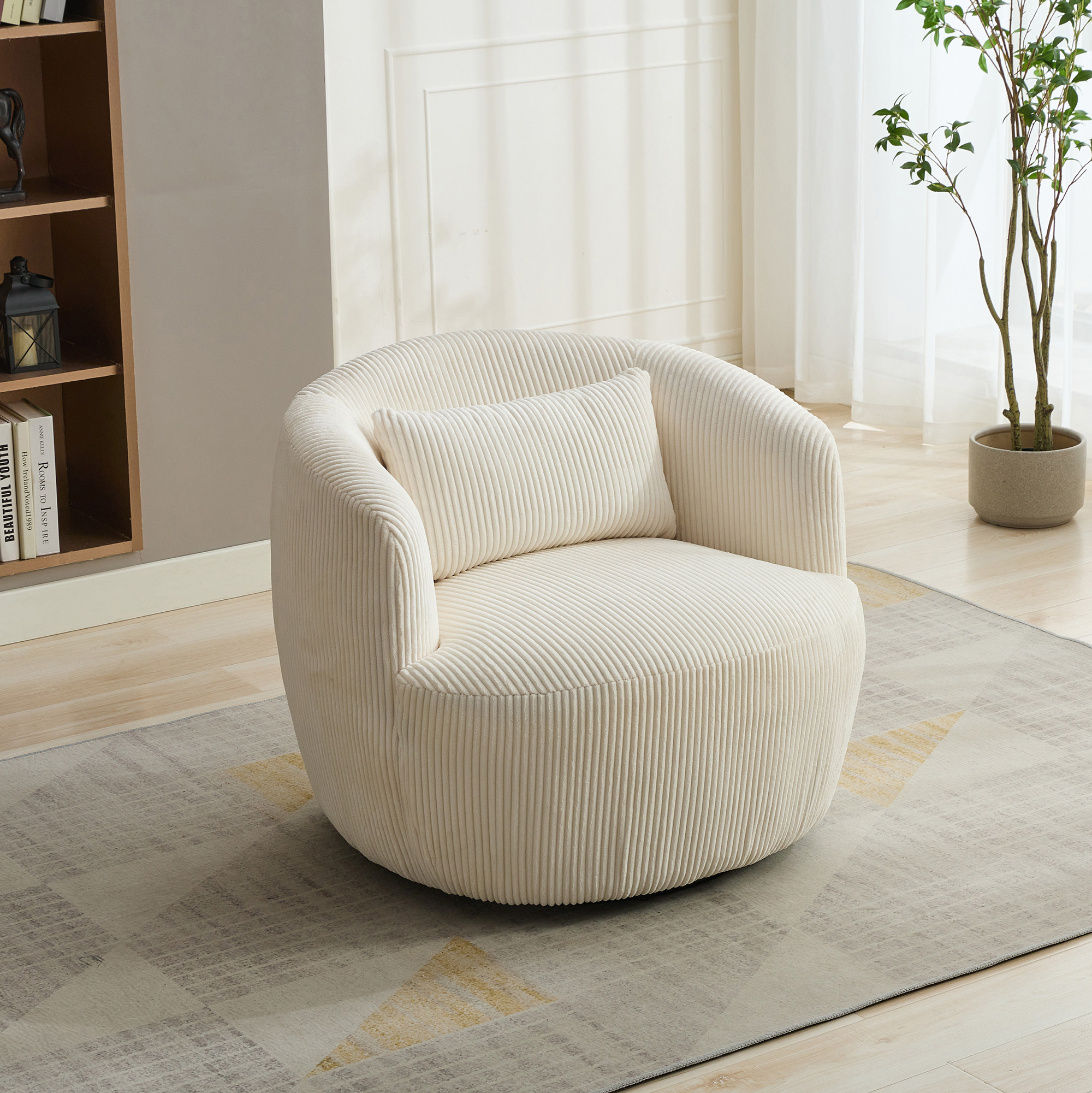 34.25 “Wide Upholstered Corduroy 360° Swivel Barrel Soft Accent Chair with Pillow, Circular Reading Armchair for Club, Living Room, Bedroom, Office, Lounge, Ivory.