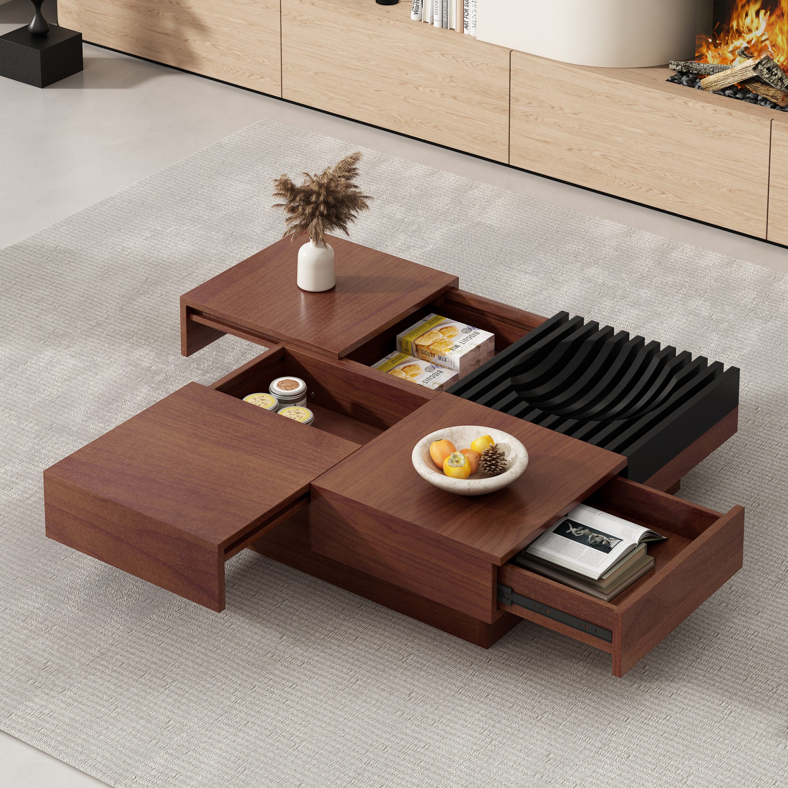 ITALIAN RETRO – INSPIRED ACACIA WOOD STORAGE COFFEE TABLE ,BROWN & BLACK COLOR