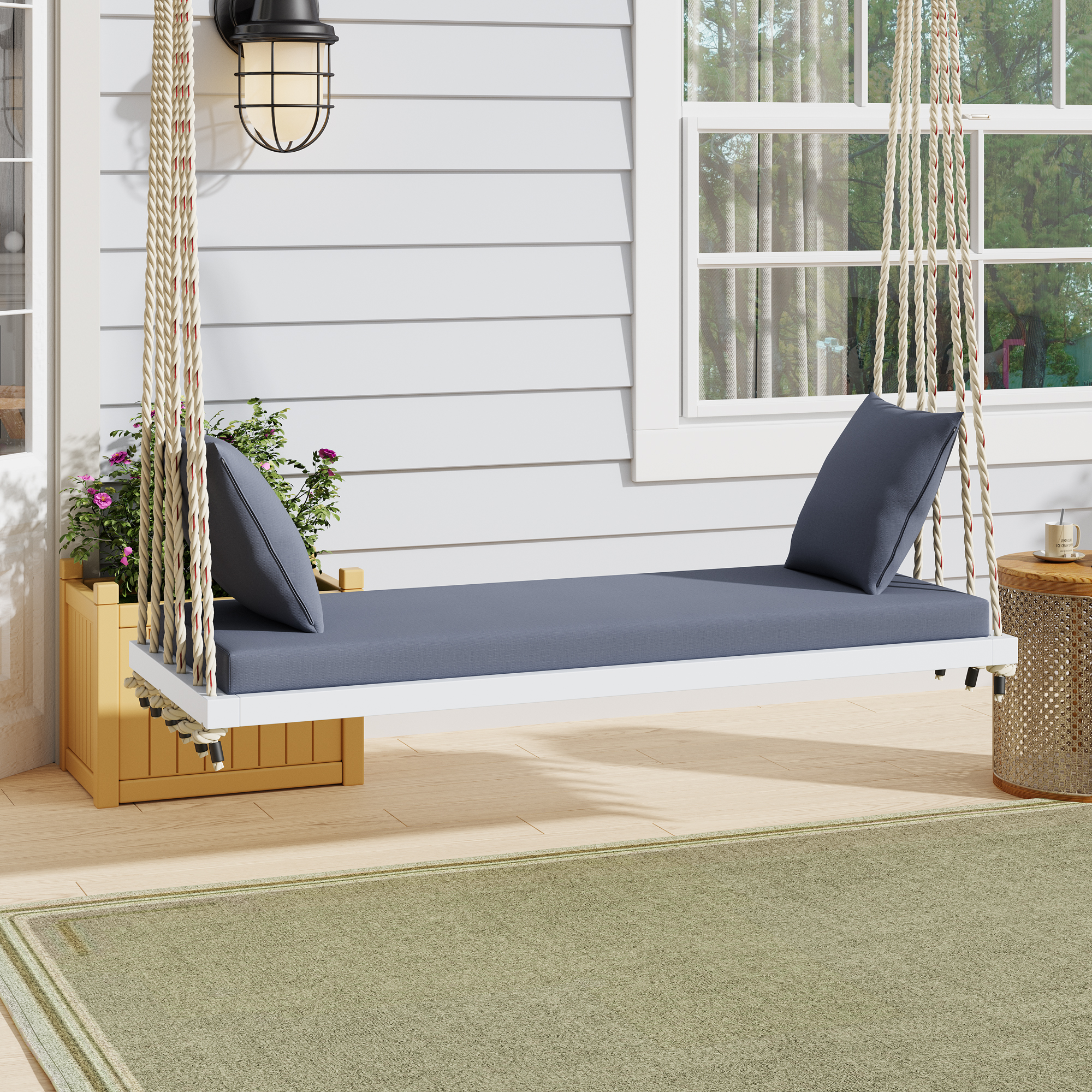 TOPMAX Patio Wooden Swing Chair, Hanging Porch Swing Bench with Cushion&Pillows, 10.8Ft Hemp Ropes for Garden,Backyard, Lawn,White