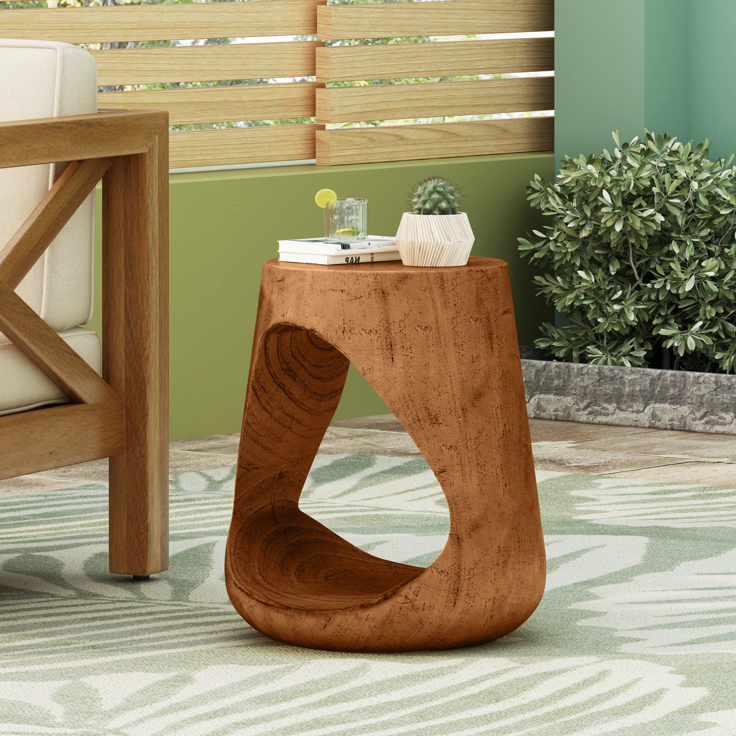MGO Hollow Side Table, Wood-like texture,antique brown Color