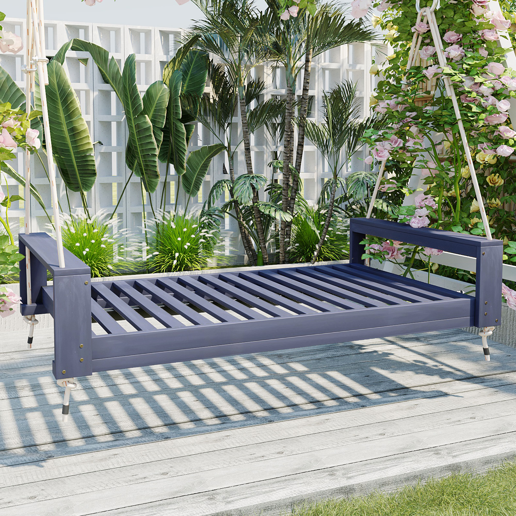 TOPMAX Twin Size Porch Swing Bed Seating Group, Patio Acacia Wood Swing Frame with Hemp Ropes for Garden, Backyard, Gray