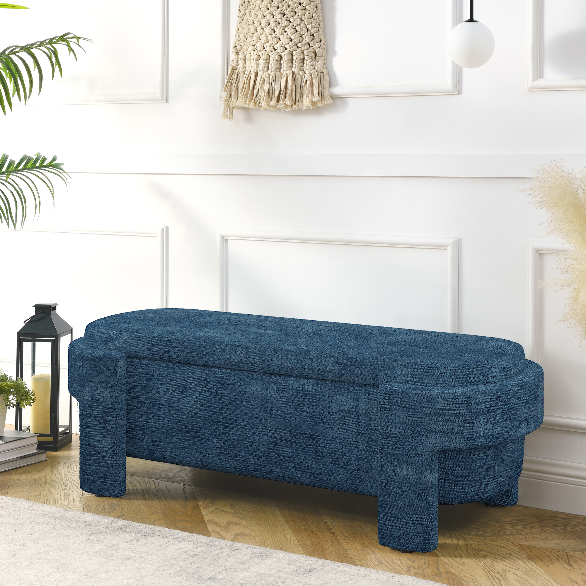 Linen Fabric Upholstered Bench with Large Storage Space for the Living Room, Entryway and Bedroom,dark blue( 51.5”x20.5”x17” )
