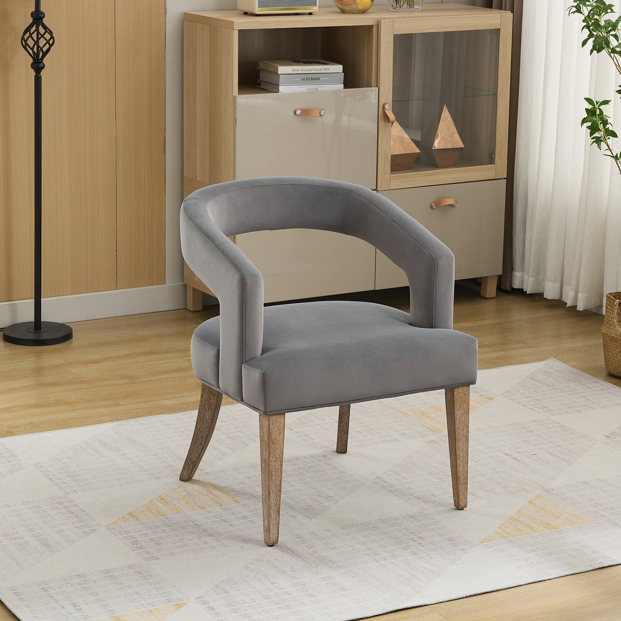25.79″ Wide Modern Barrel Open Back Upholstered Accent Chair with Weathered Solid Wood Legs Dining Chairs for Dining Room, Club, Kitchen and Living Room. Gray Velvet