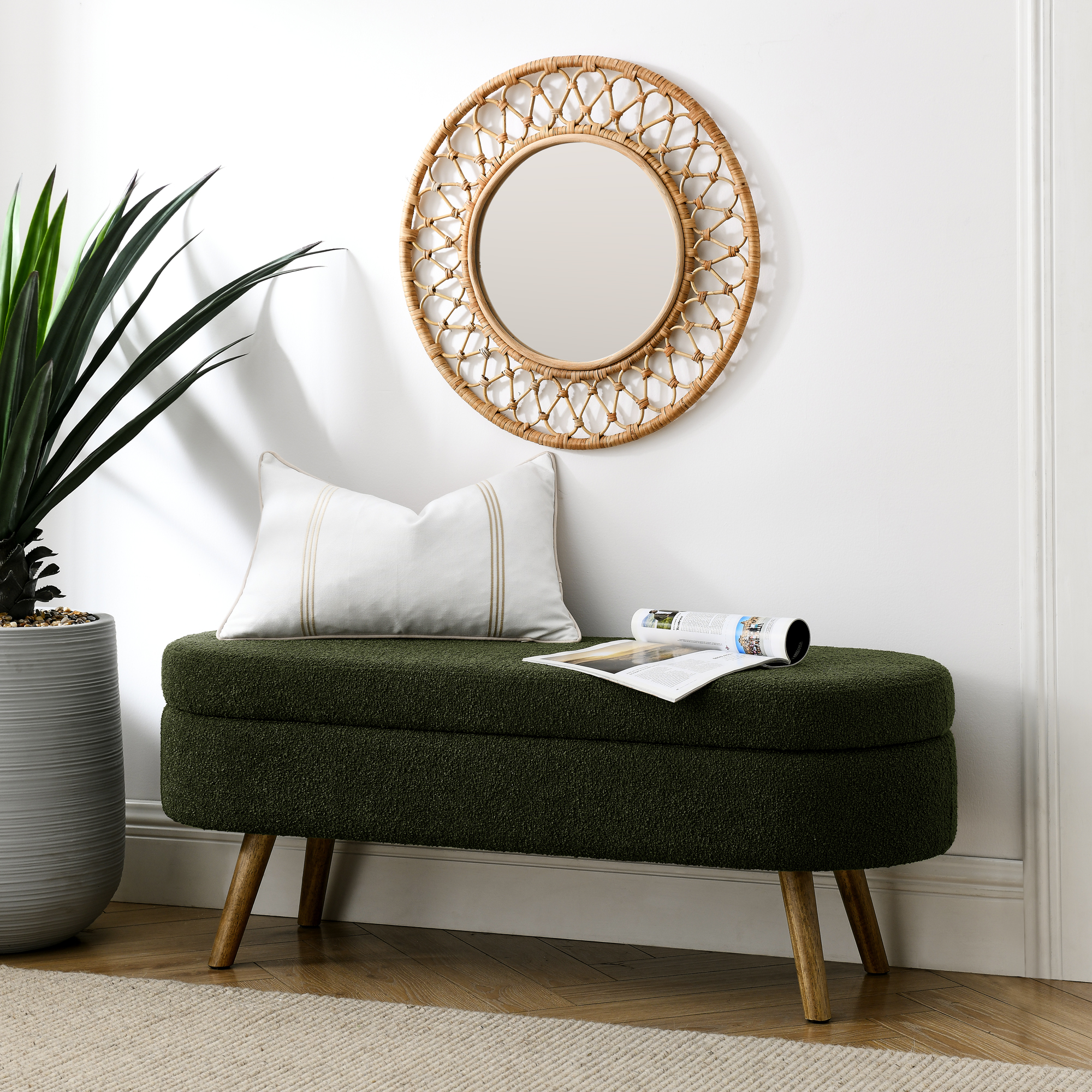 Ottoman Oval Storage Bench,Rubber Wood Legs, Green(43.5″x16″x16″)