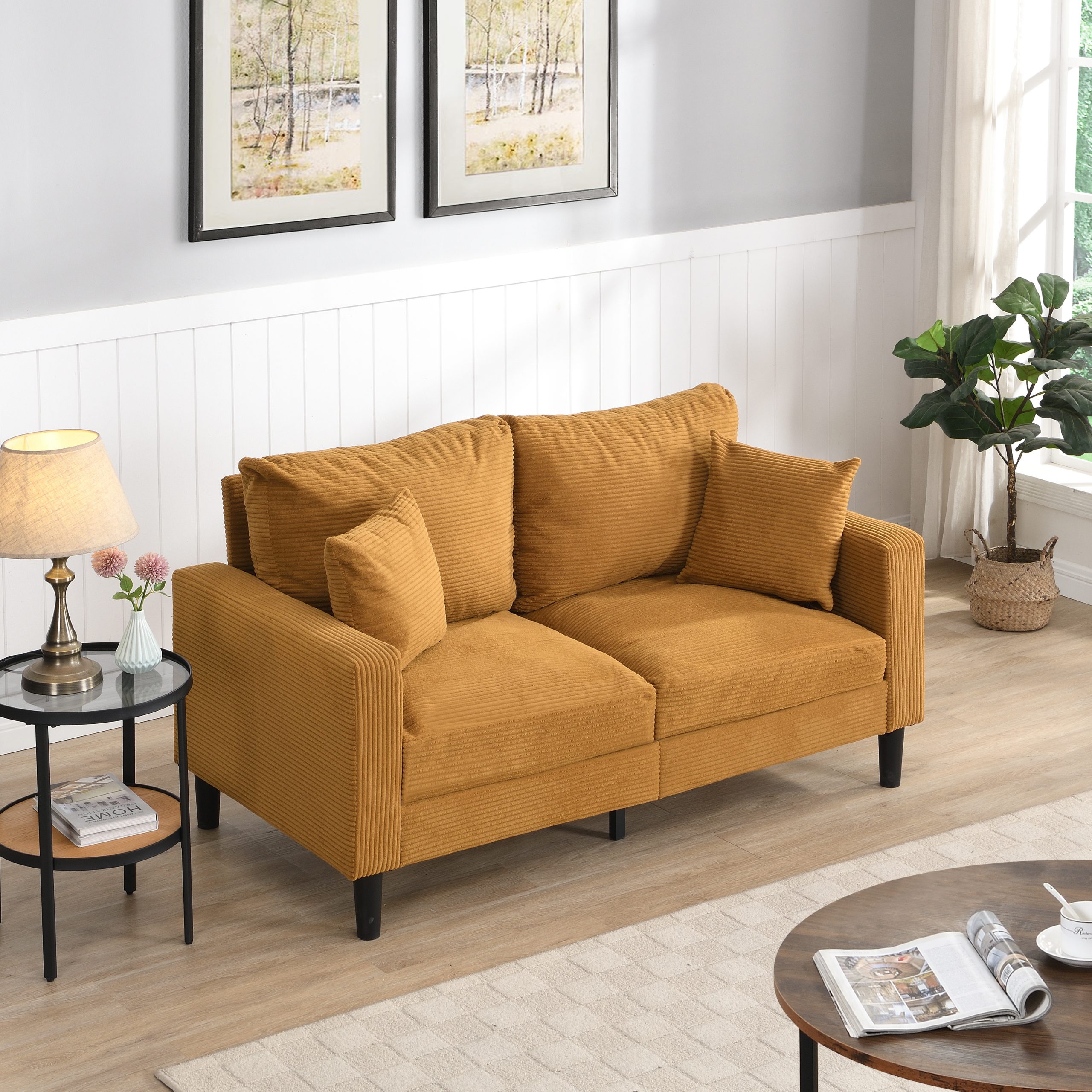 57 ” High Resilience Loveseat Sofa, Wooden Frame 2 Seat Sofa, Comfy , Small Space Saving Modern Upholstered Sofa, Living Room Bedroom Apartment Small Space , Orange