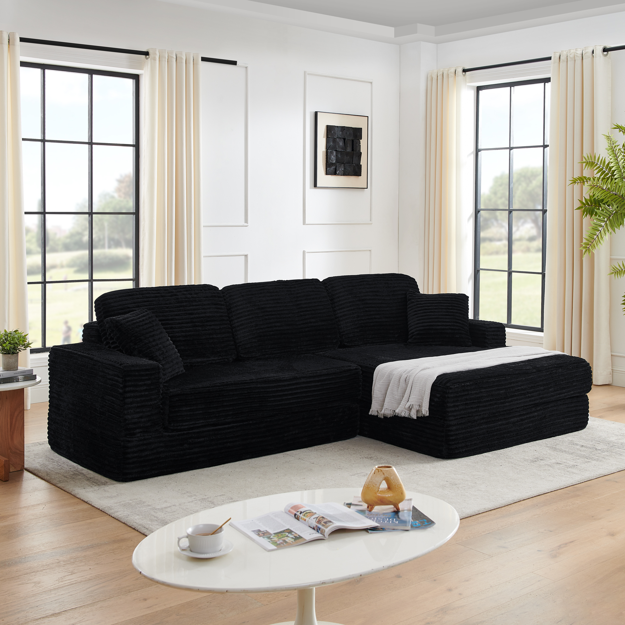 Right sofa seat,L shape Modular Sectional Sofa, Compressed Sectional Sofa Modern Minimalist Style Corduroy Couch,Unfold into a bed, Bedroom, Comfy Compressed Sofa Couch Space-Efficient Design-black