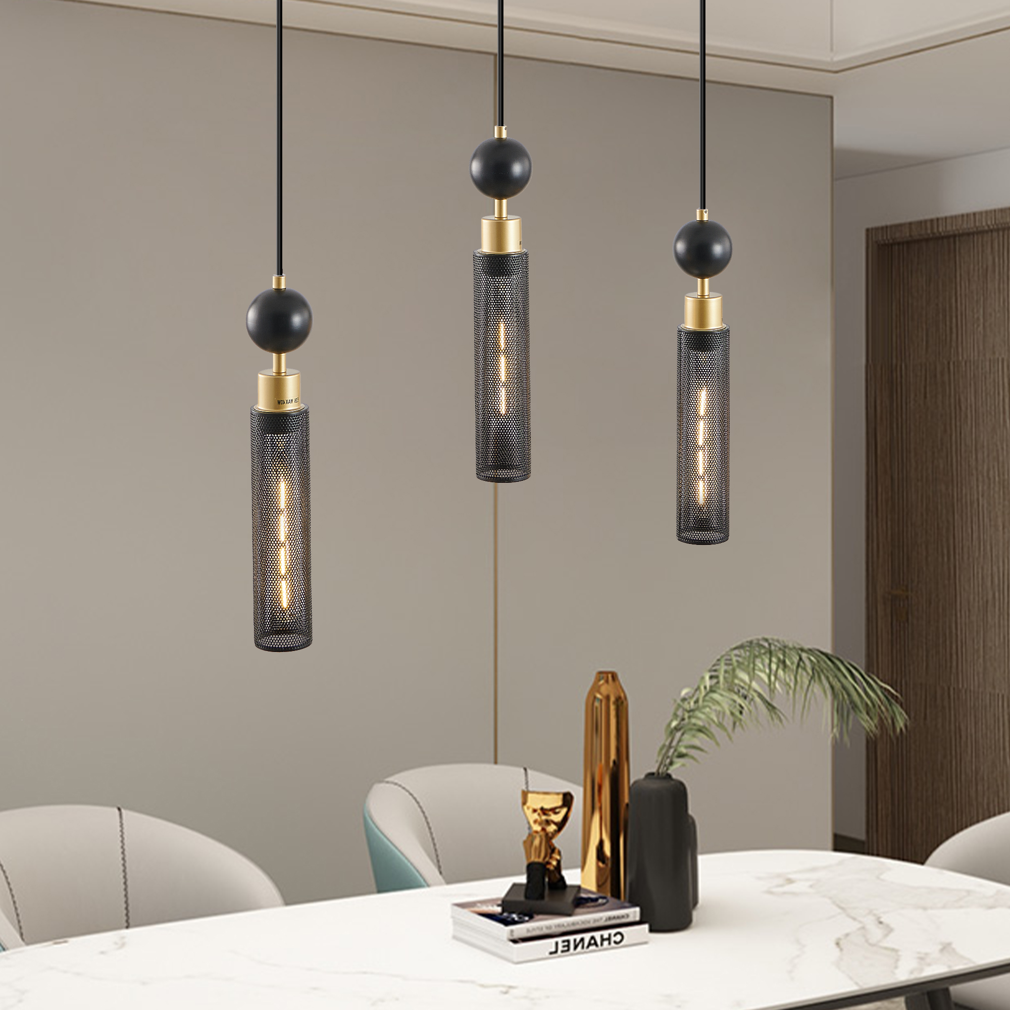 25″ Modern Black and Gold 3-Light Pendant Chandelier, Adjustable Hanging Lights with Cylindrical Mesh Shades, E26 Base, Ideal for Dining Room, Kitchen Island, or Living Room Lighting (No Bulbs)