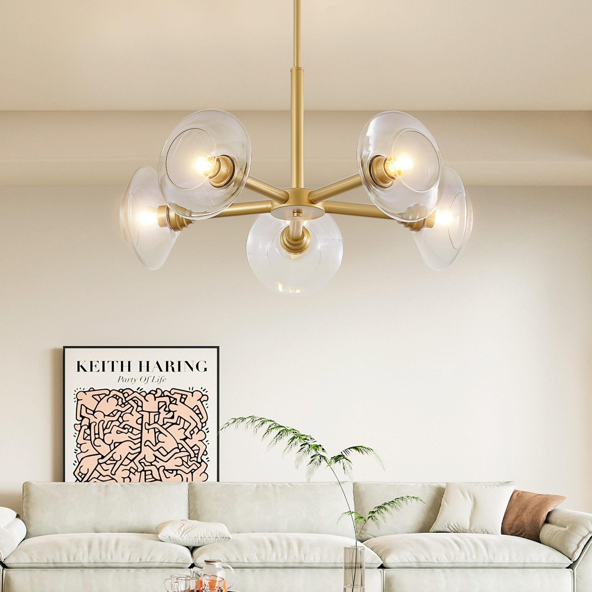 26″ Modern Gold 5-Light Sputnik Chandelier with Clear Glass Shades, Mid-Century Hanging Pendant Light Fixture for Dining Room, Living Room, or Kitchen (Bulb Not Included)