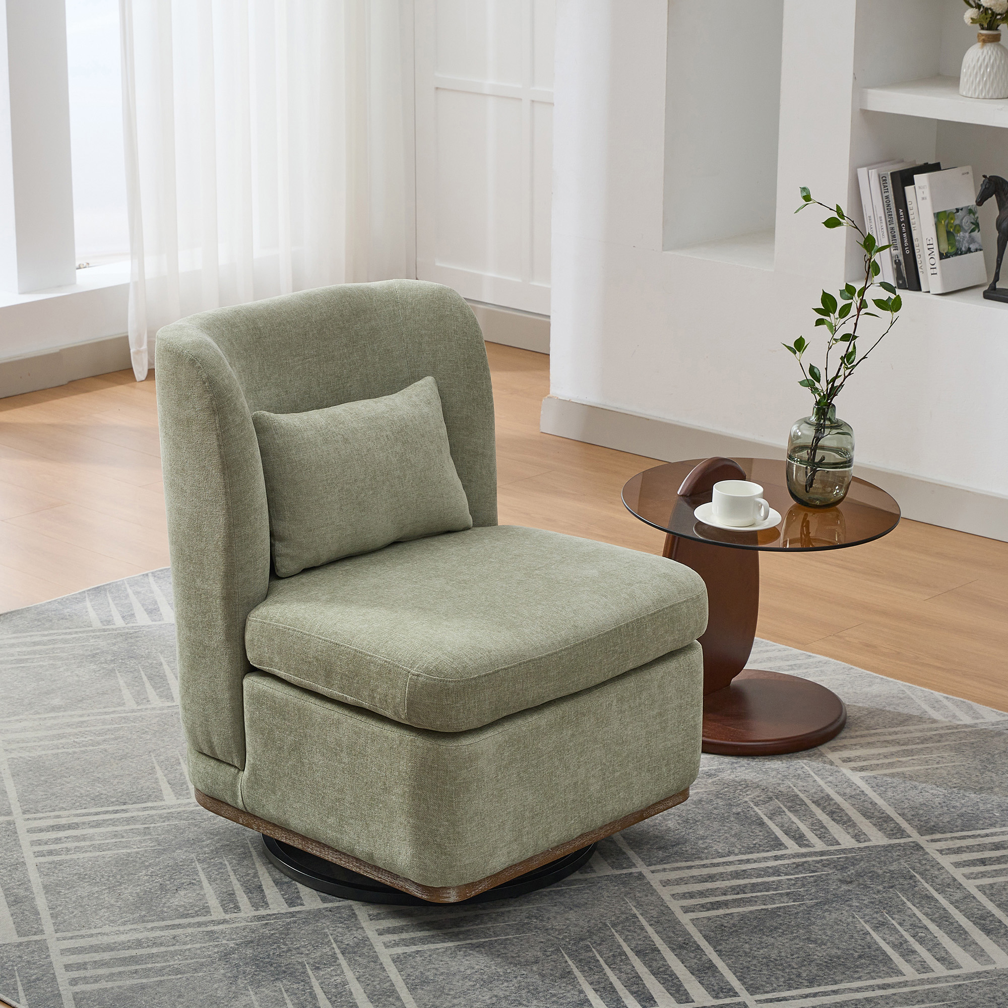 25.2 “Wide Modern Chenille Cushioned Armless Metal Base 360° Swivel Chair with Pillow, Suitable for Living Room, Family Room, Bedroom, Lounge Area, Office.  Pale Green