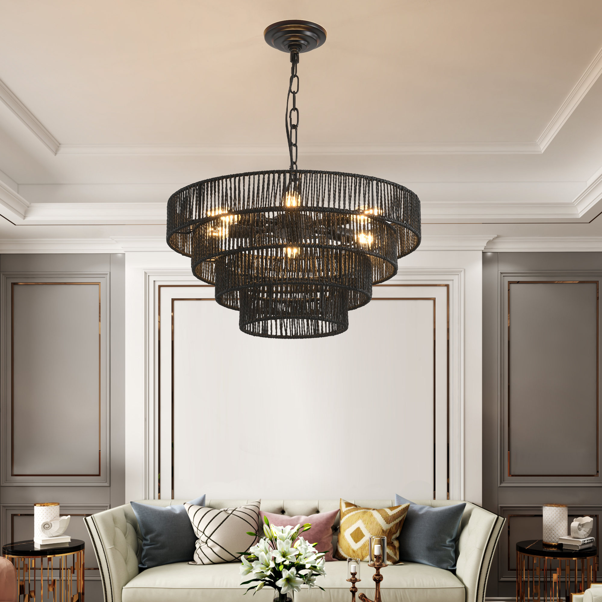 20″ Rustic 4-Tier Black Hemp Rope Pendant Light Chandelier with 6 E12 Sockets, Handmade Tiered Boho Ceiling Light Fixture for Dining Room, Kitchen, or Foyer (Bulb Not Included)