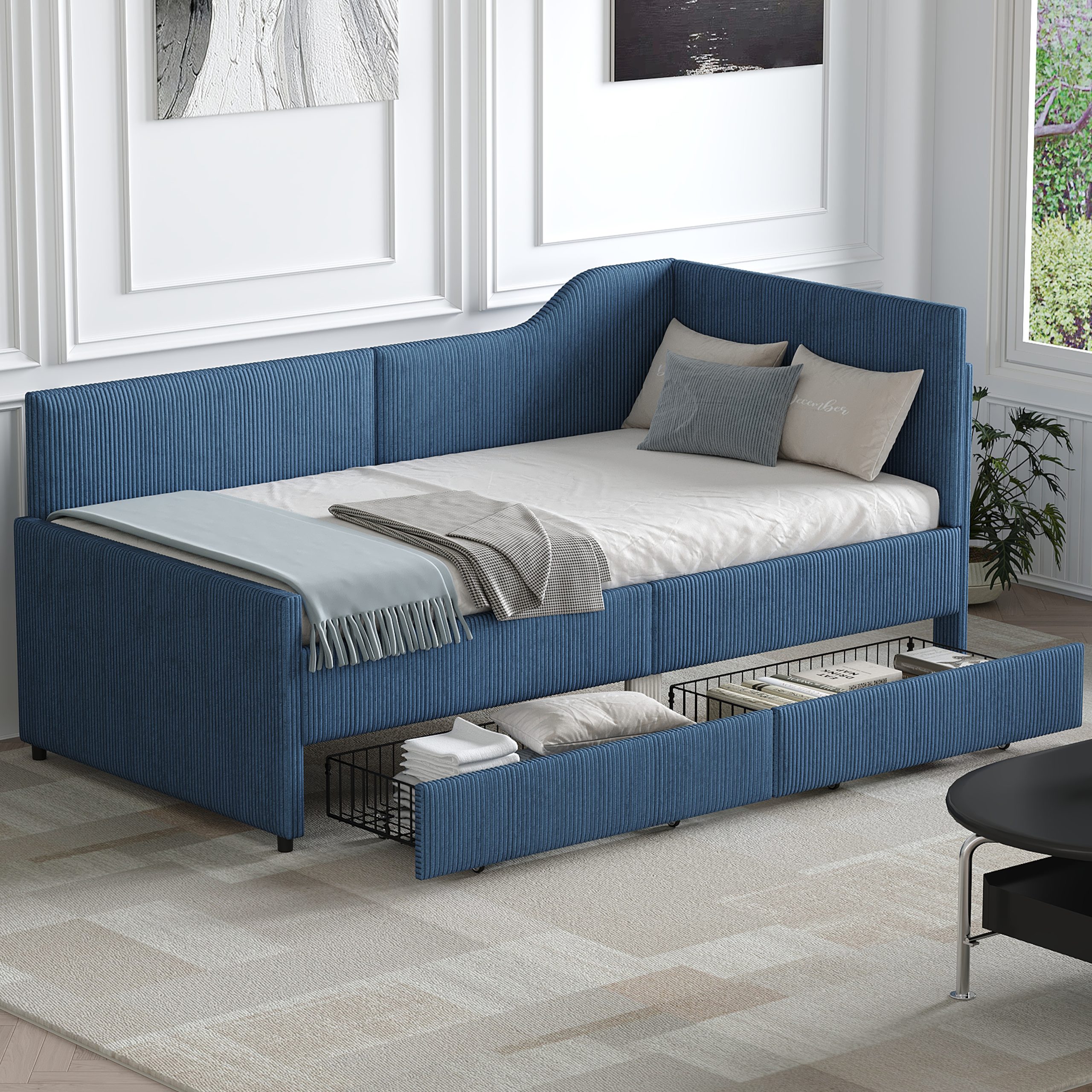 Twin Size L-Shaped Corduroy Daybed,Upholstered Bed Frame with  2 Storage Drawers,Blue