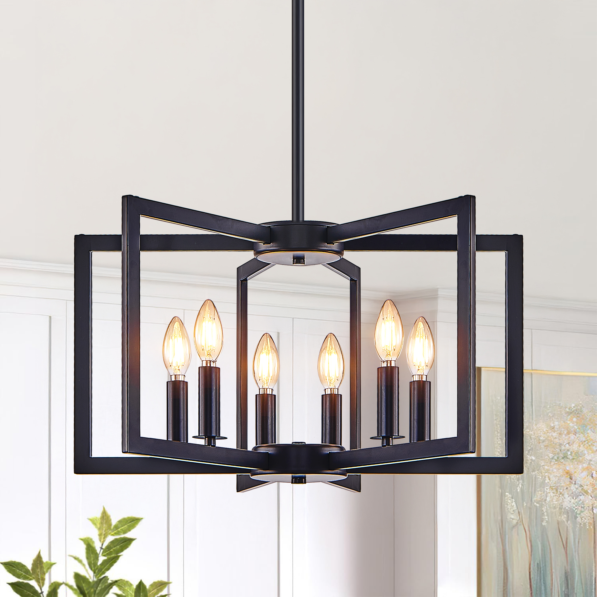 22″ Modern Black Geometric 6-Light Chandelier – Industrial Metal Pendant Light Fixture for Living Room, Dining Room, or Kitchen (Bulb Not Included)