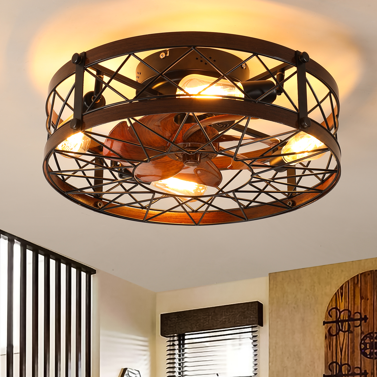 Caged Ceiling Fans with Lights Black, 20 inch Flush Mount Ceiling Fan Light, Farmhouse Small Ceiling Fan with Light Fixture, Reversible Fan for Bedroom (Including E26 bulbs)