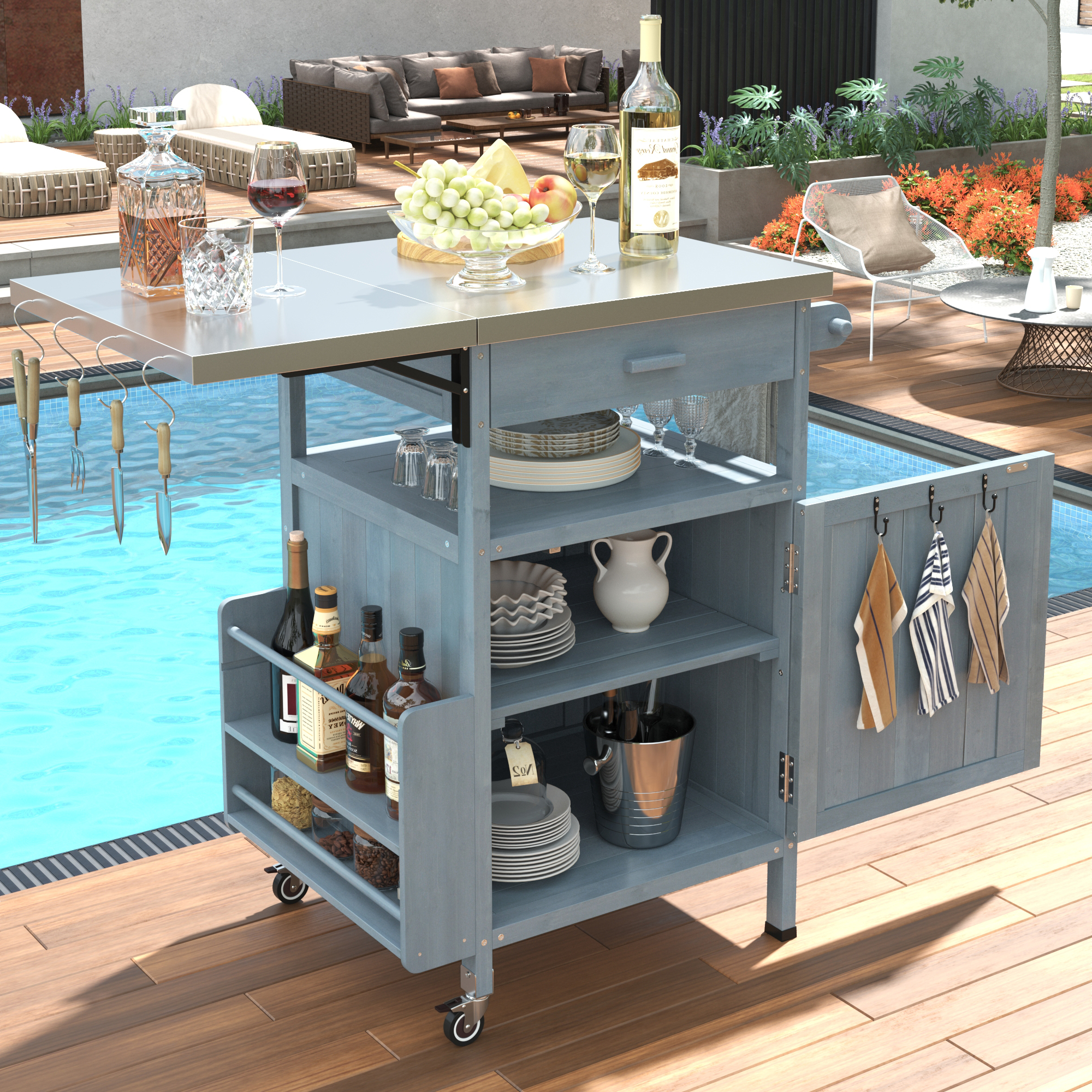 K&K 40.5″ Outdoor Grill Cart with Stainless Steel Top, Solid Wood Outdoor Storage Cabinet with Drop Leaf, One Drawer, Towel Rack, Rolling Kitchen Cart with Lockable Wheels for Lawn Garden, Blue Grey