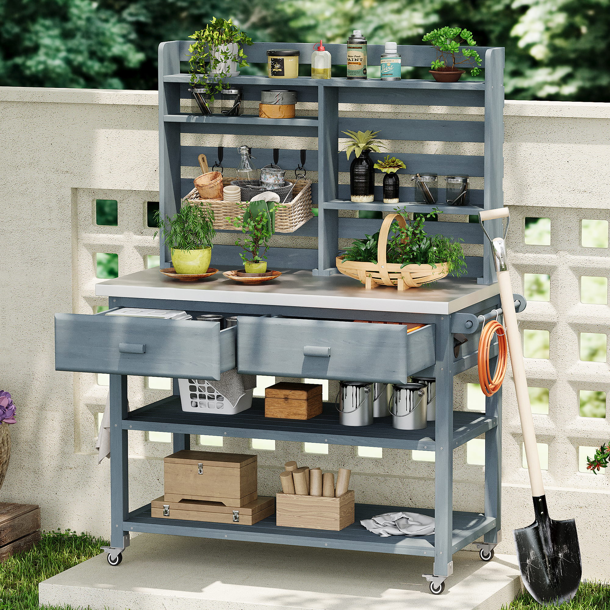 K&K 64.9″H Outdoor Potting Bench Table with Lockable Wheels, Solid Wood Outdoor Kitchen Island with Upper Hutch, Stainless Steel Top, Towel Rack ,Outdoor Storage for Grilling, Lawn Garden -Grey Blue