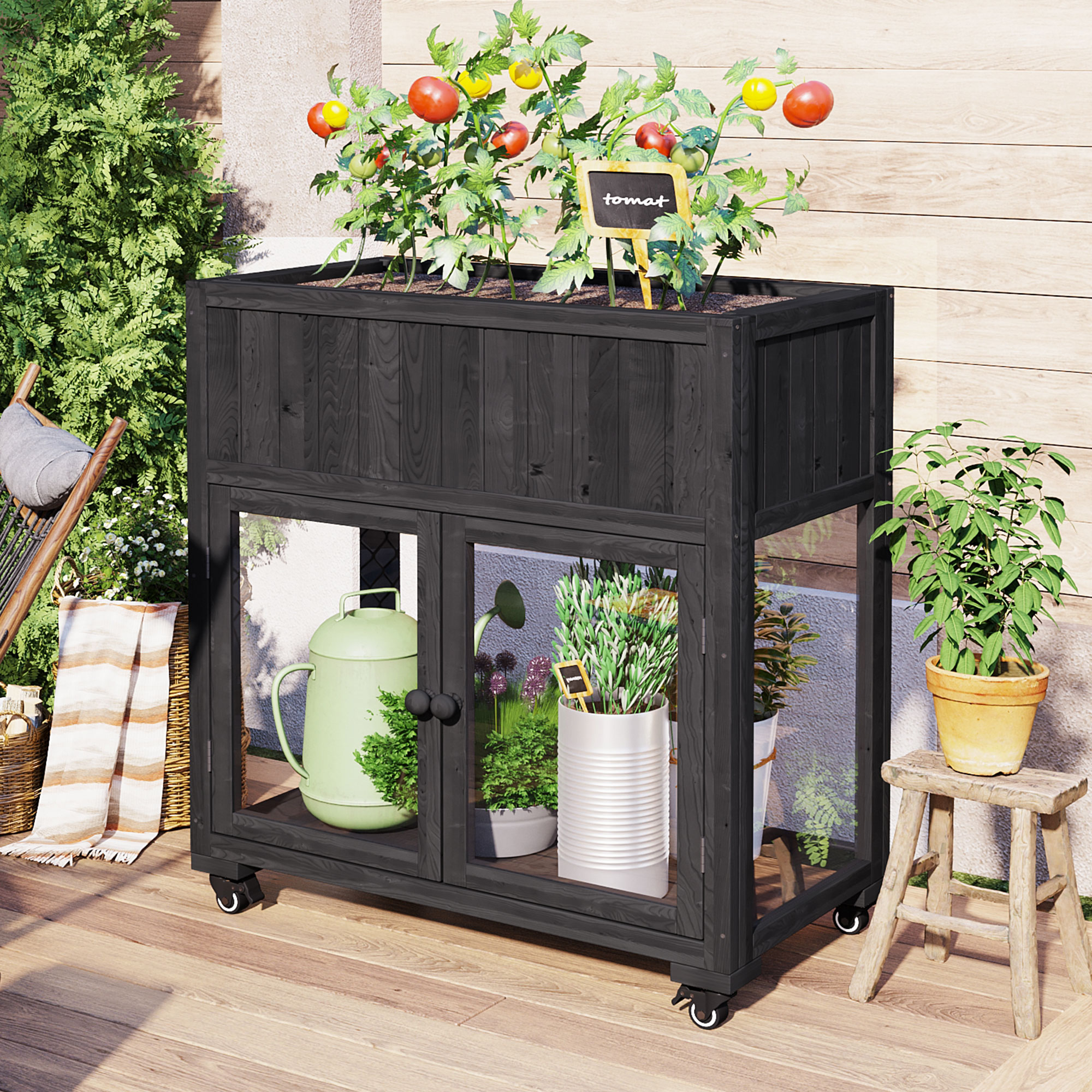 TOPMAX Patio 35.4”x17.7”x37.4” Mini Wood Cold Frame, Compact 2 Doors Garden Greenhouse with Wheels, Raised Bed with Liner for Indoor Outdoor Use, Black