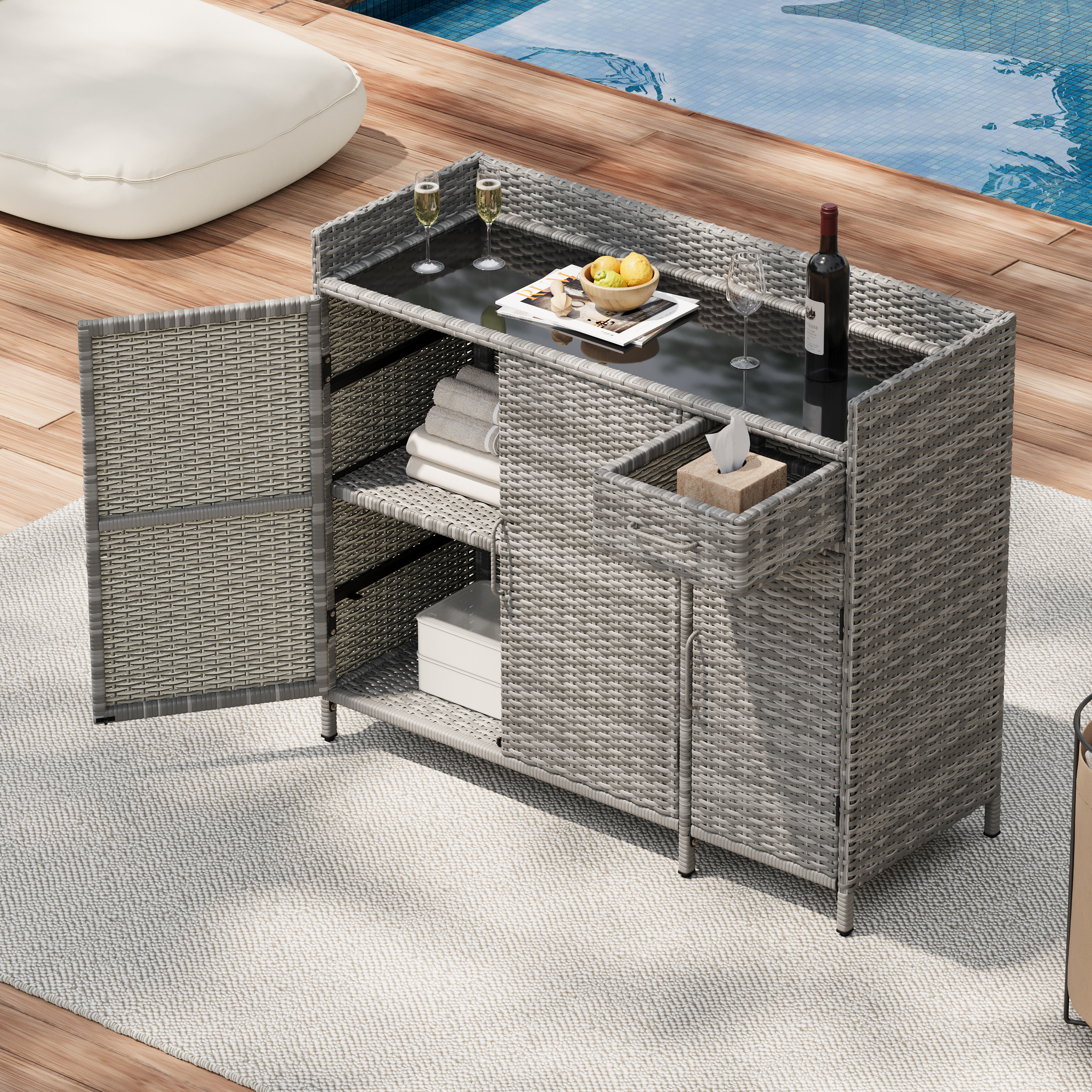 K&K 47.5″W Wicker Outdoor Storage Cabinet with Tempered Glass Desktop, Weather-proof Rattan Bar Table with Three Doors, Adjustable Shelf, and One Drawer, for Outdoor Cushions, Pool Toys , Grey