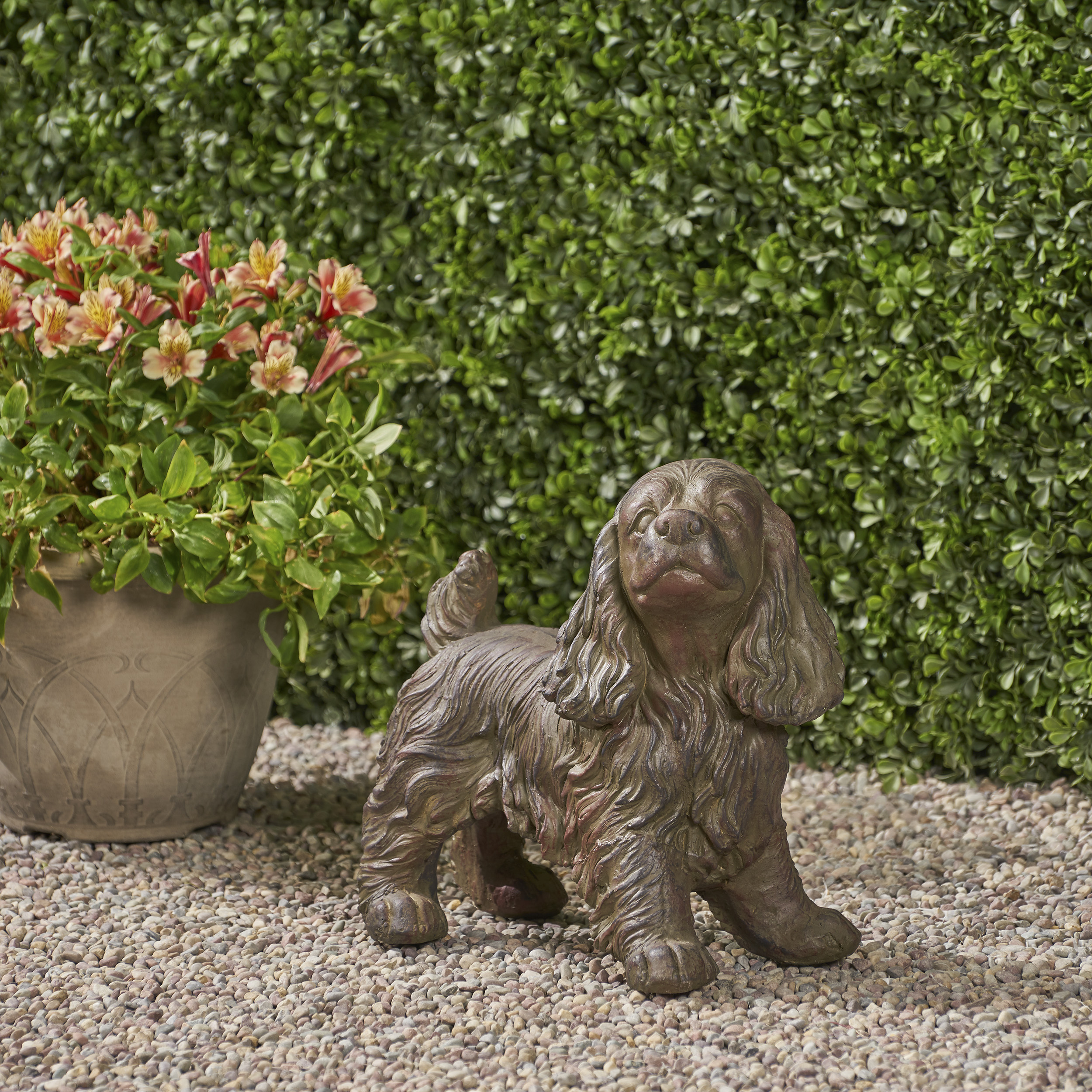 JOSIE DOG CAST SONE GARDEN STATUE, Outdoor Cocker Spaniel Dog Garden Statue, Brown Finish, No Assembly Required