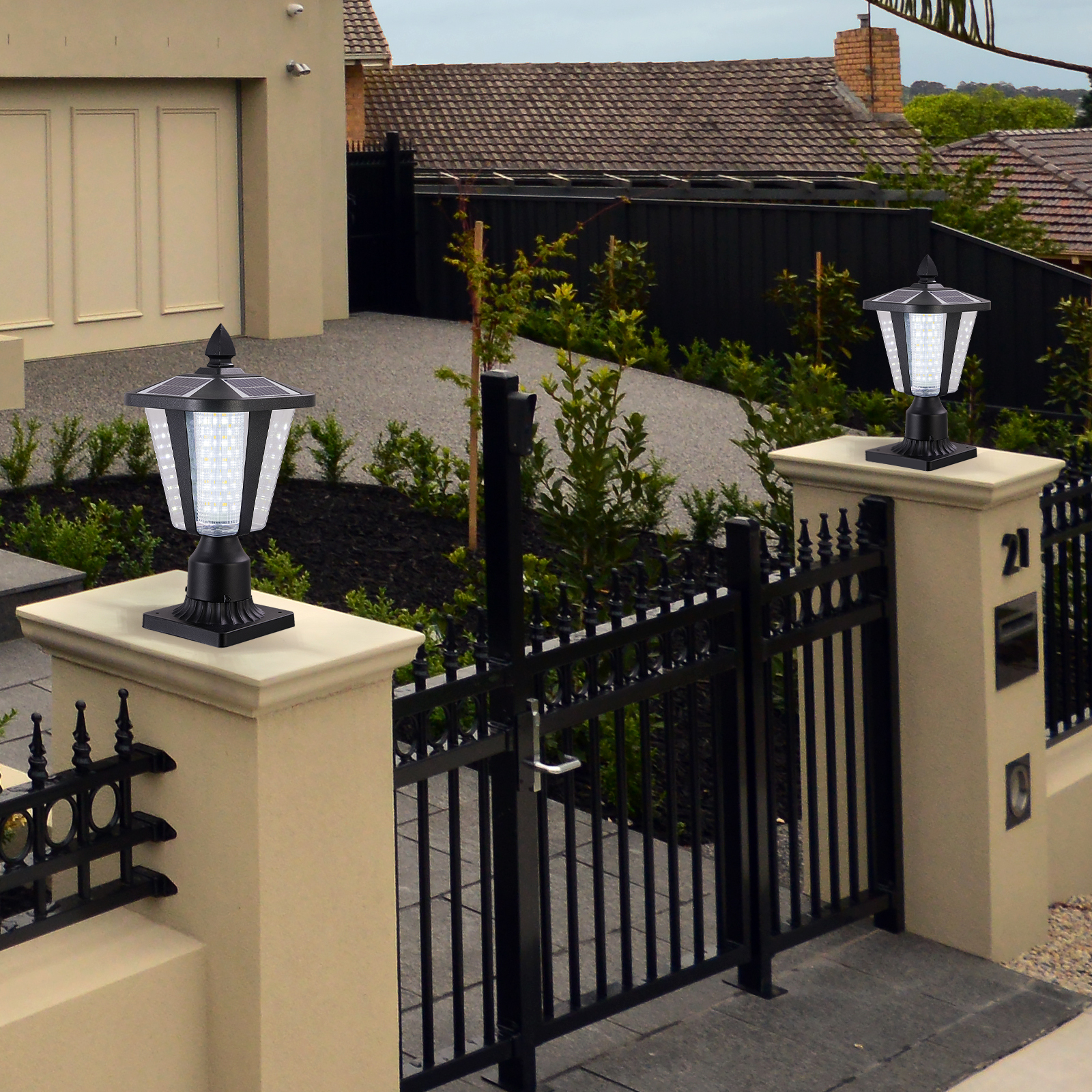 15″(H) Solar Powered Outdoor Lantern, Modern Garden Light with LED for Pathways, Yards, and Driveways (2-Pack)