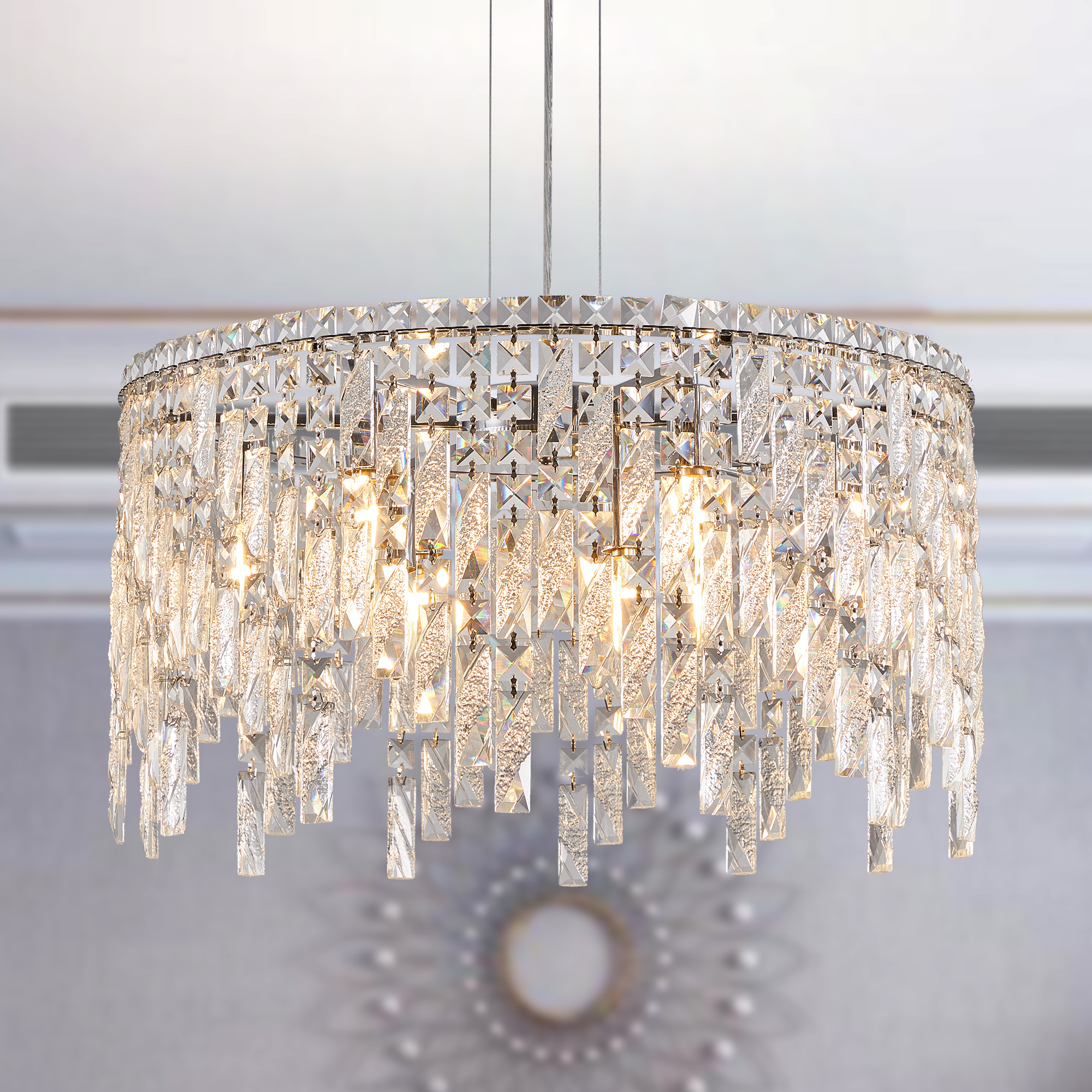 (Same as W1340P189437/L5024-600-C) 24″ Luxurious Round Silver Crystal Chandelier, Contemporary Rectangular Pendant Light for Dining Room, Living Room, and Grand Foyers (Bulbs Not Included)