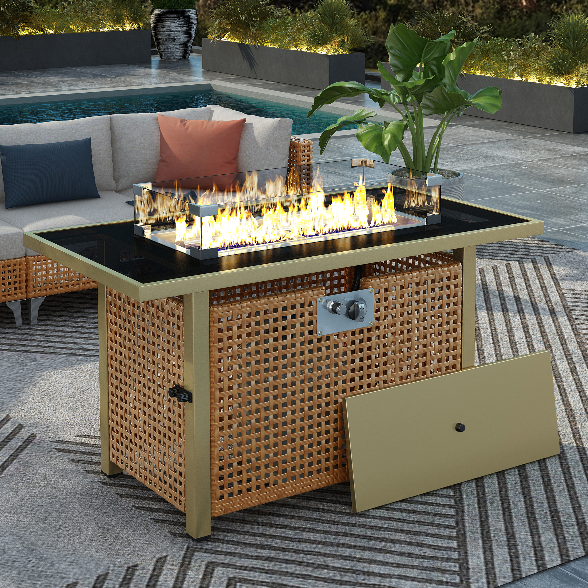 K&K 43″ Propane Gas Fire Pit Table, 60000 BTU Rectangular Open Weave Wicker Fire Pit with Glass Wind Guard for Outside Patio Deck Garden Backyard – Orange & Mustard Yellow
