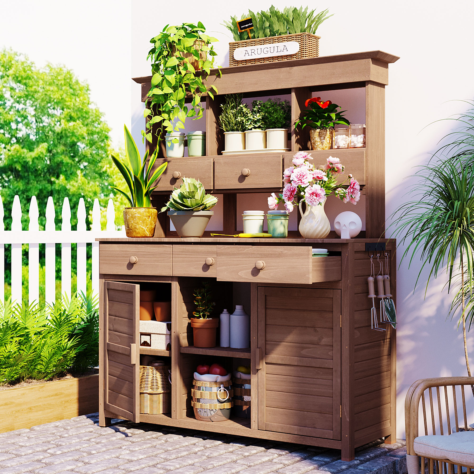 [Assembly Video Provided] TOPMAX 65.7” H Tall Garden Potting Bench Table with Hutch,Patio Storage Workstation with 3 Shelves,6 Drawers,2 Bottom Cabinets&Side Hooks for Mudroom,Doorway, Brown