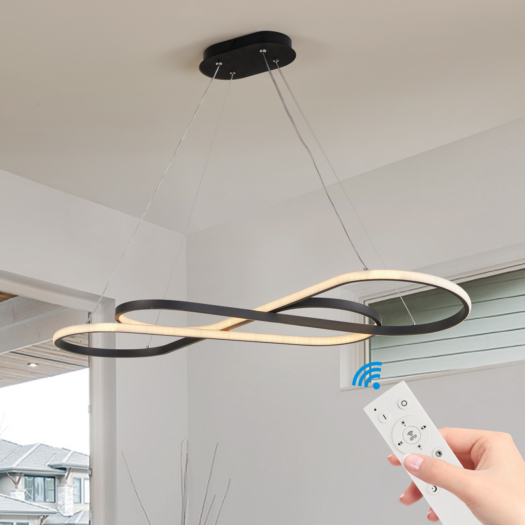 39″ Modern LED Pendant Light, Infinity Design Hanging Ceiling Fixture, Adjustable Height, Dimmable for Living Room, Dining Room, Bedroom, Black Finish