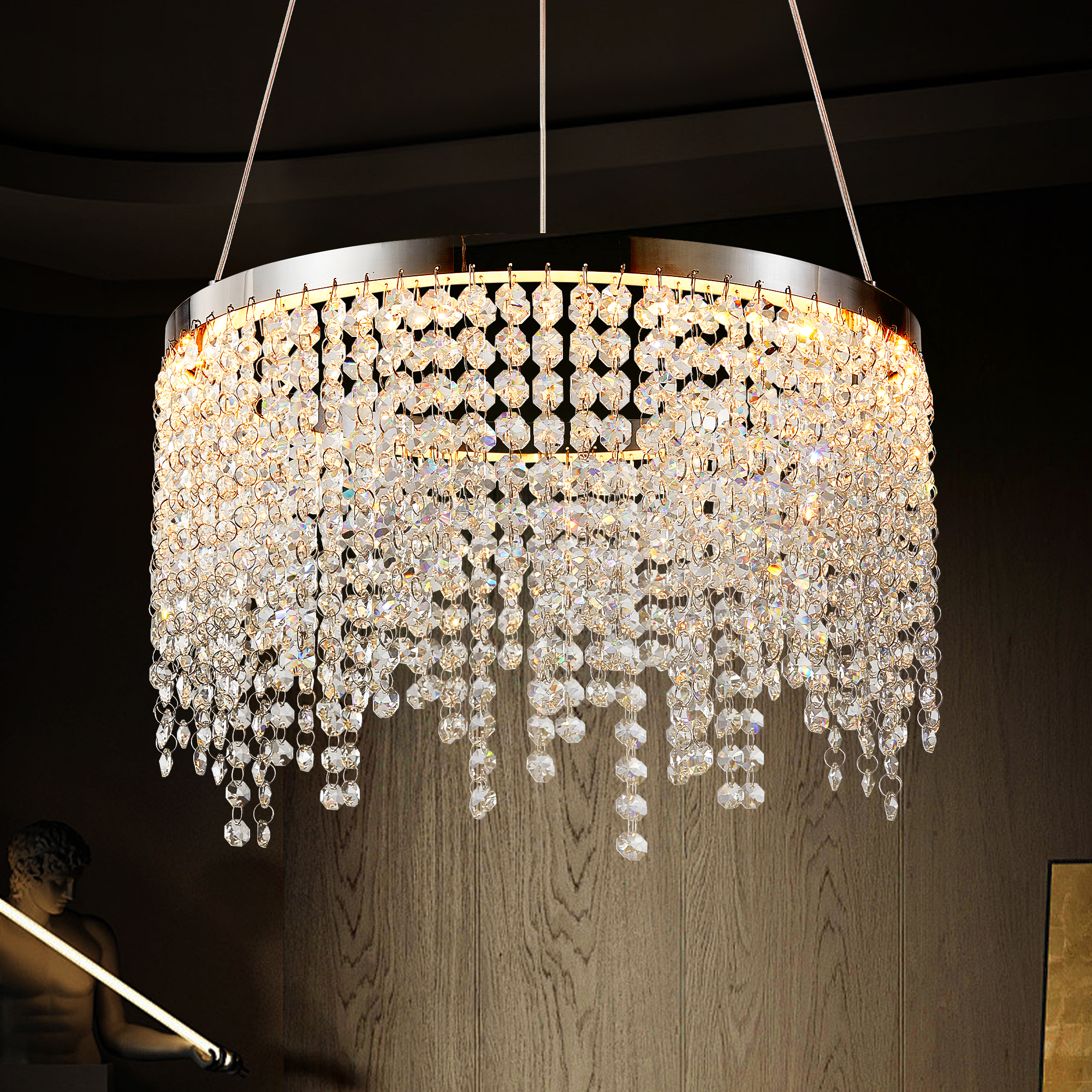 16-inch Luxury Crystal LED Chandelier – Adjustable Height and Color Temperature (3000K-6000K) – Modern Chandelier for Living Room, Dining Room and Bedroom