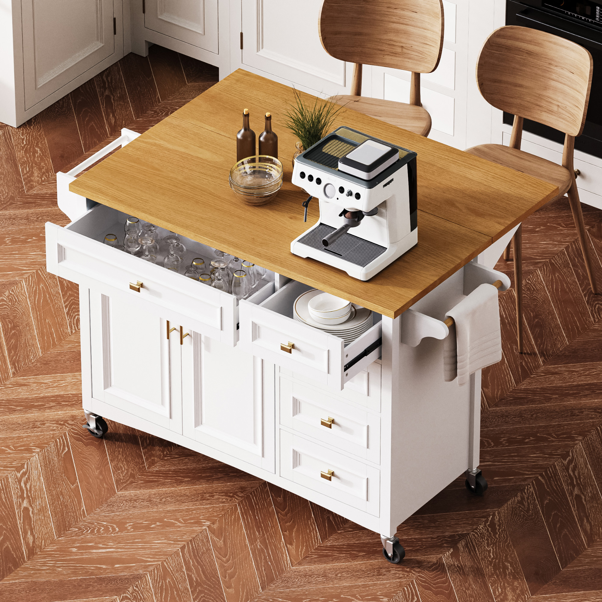 K&K 52” Kitchen Island with Drop Leaf, Embossed Texture Kitchen Island on Wheels with Spice Rack, Towel Rack, 2 Doors and 5 Drawers, Kitchen Storage Cart with Adjustable Shelf for Kitchen, White