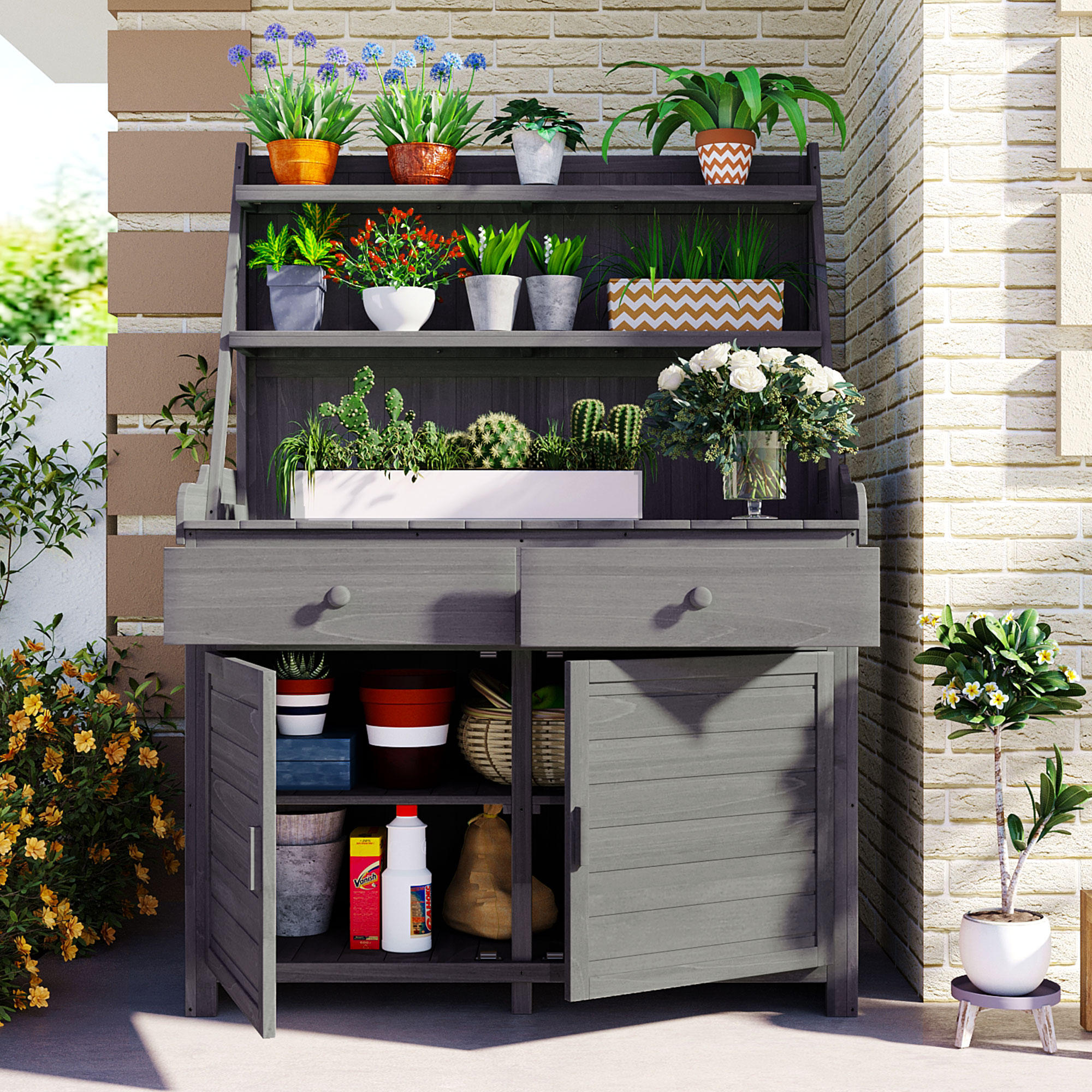 [Assembly Video Provided] TOPMAX 65inch Garden Potting Bench Table, Fir Wood Workstation with Storage Shelf, Drawer and Cabinet, Gray