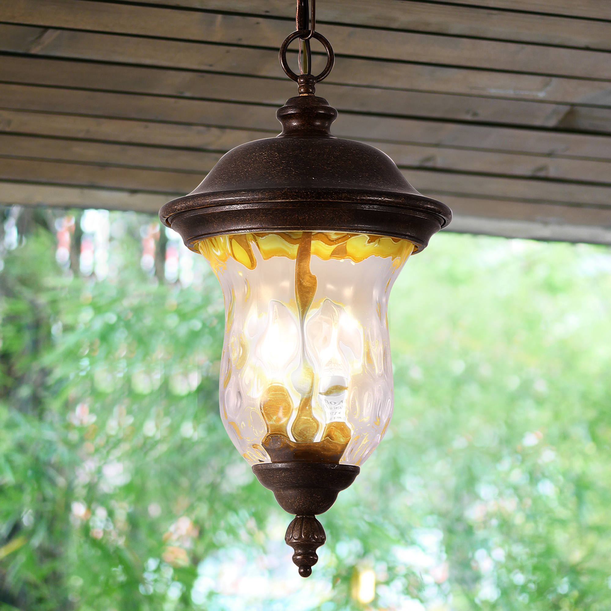 19″(H) Rustic Outdoor Hanging Lantern, Weatherproof Vintage Pendant Light with Clear Glass Shade, Waterproof Exterior Lighting Fixture for Porch, Patio, or Garden (One Piece & No Bulb)