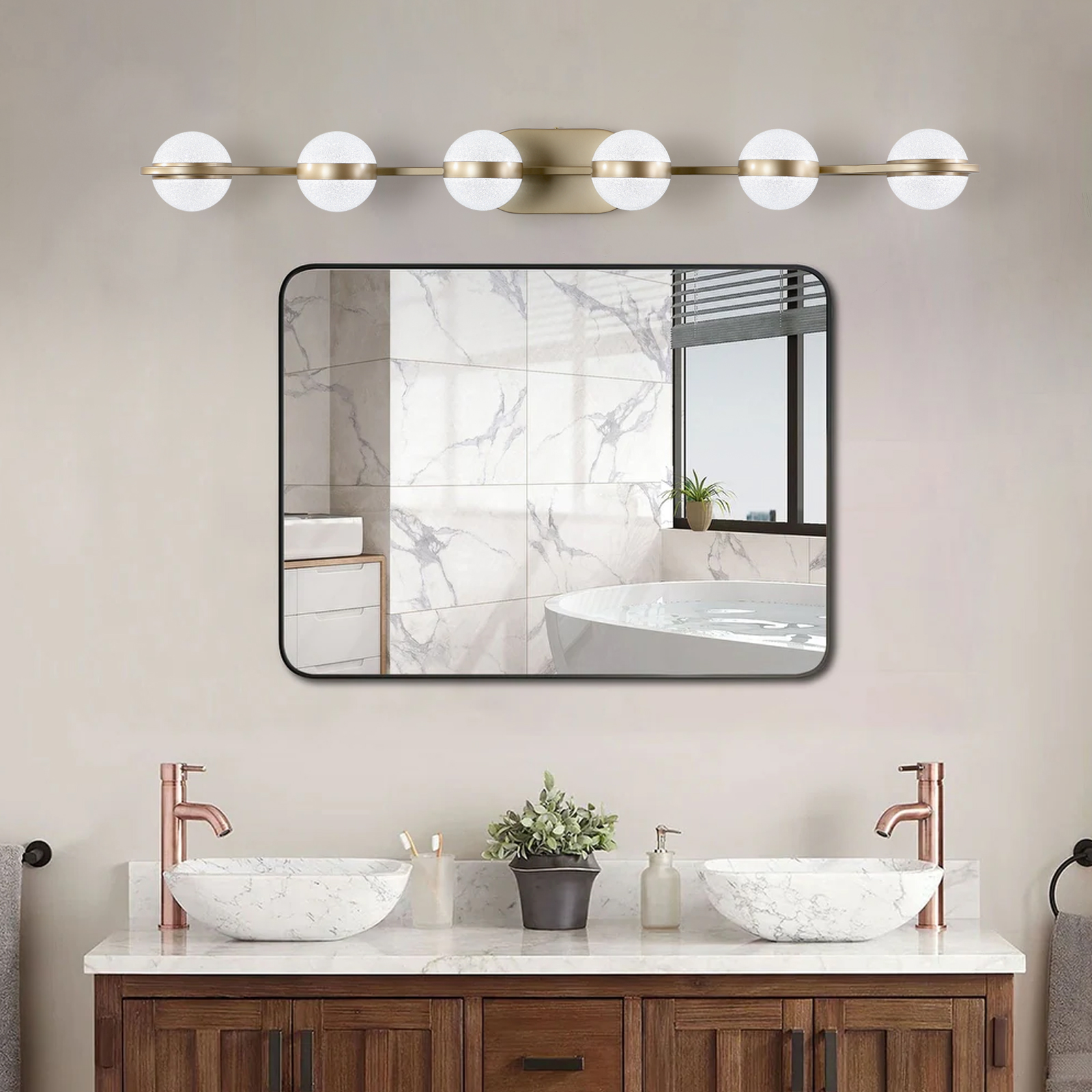 (Same as W1340P143676/L2001-G-6) 43″ Gold Minimalist LED Bathroom Vanity Light with Crystal Sand Acrylic Shades, 6-Light Wall Mounted Decorative Lighting Fixture, Suitable for Bathroom Vanity Mirror