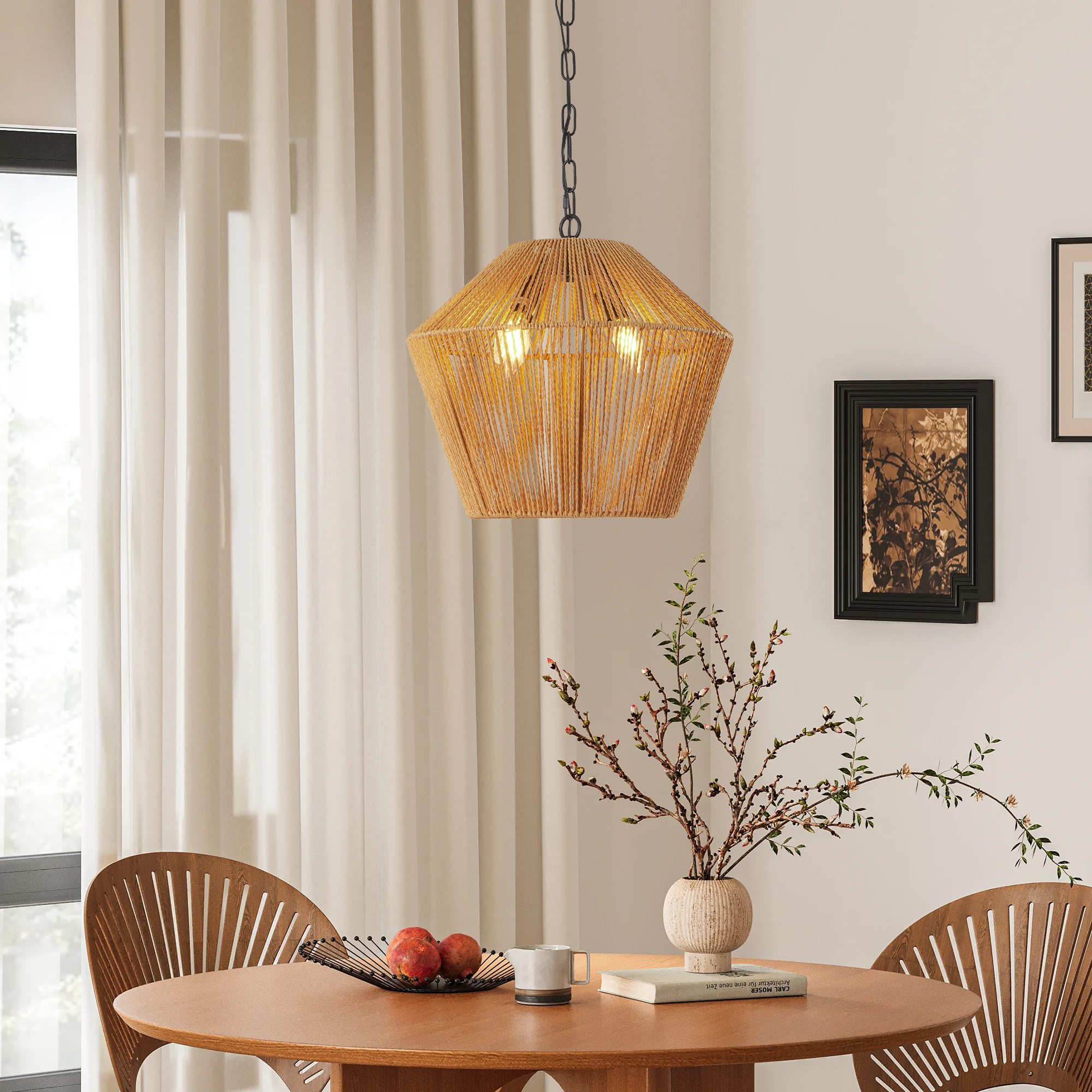 17″ Boho Hemp Rope Pendant Light, Handcrafted Farmhouse Hanging Light Fixture for Kitchen Island, Dining Room, or Bedroom, Natural Finish, Adjustable Height (Bulb Not Included)