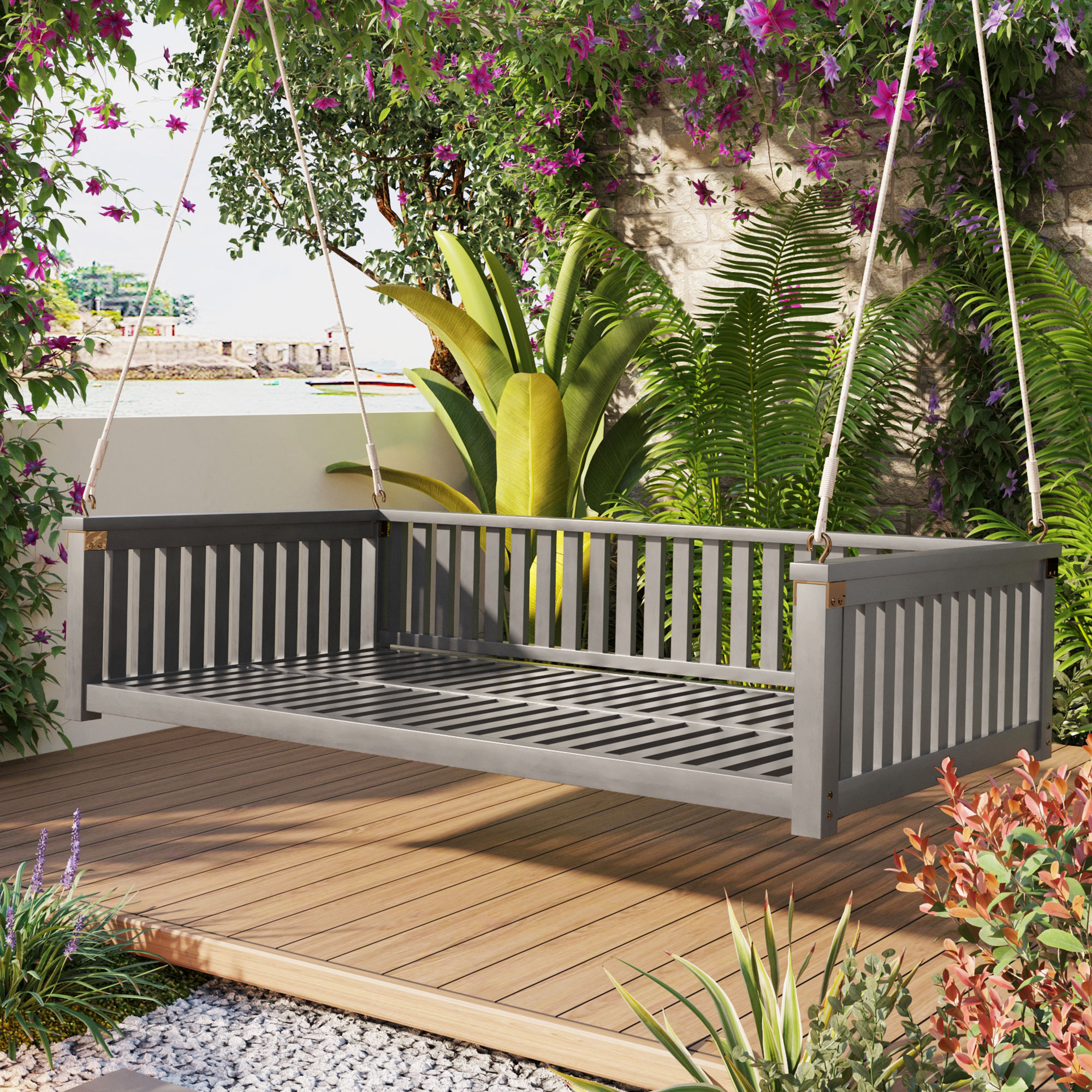 TOPMAX Patio Minimalist Twin Size Garden Swing Bed Wood Porch Swing with Ropes for Backyard, Safe Sloped Design, Gray