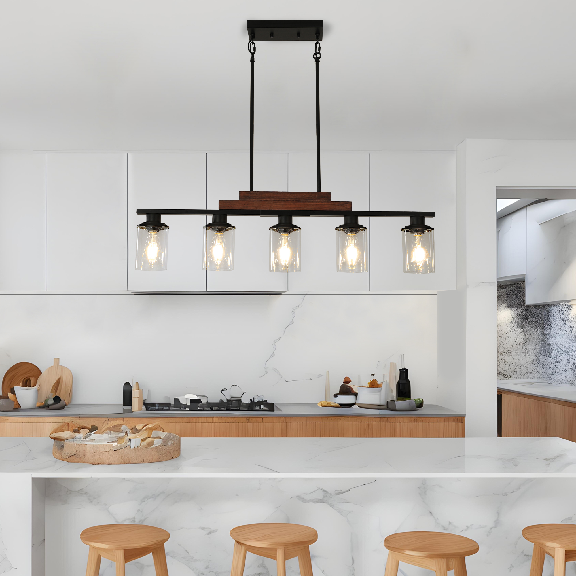37″ Farmhouse Industrial 5-Light Kitchen Island Pendant Light, Metal Wood Chandelier with Clear Glass Shades, Adjustable Height Hanging Fixture for Dining Room, Living Room, Kitchen (No Bulbs)