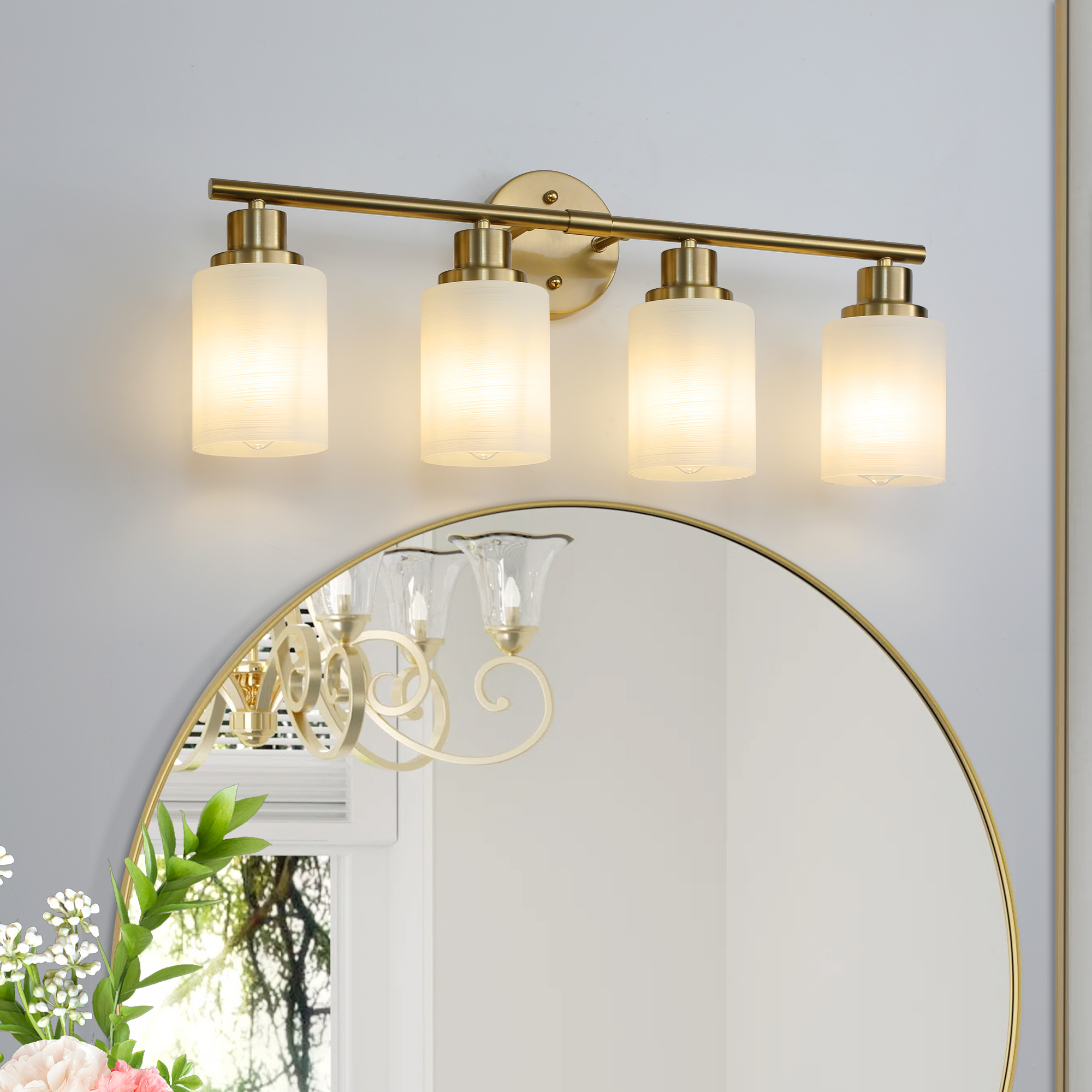 24″ Modern 4-Light Vanity Wall Sconce, Golden Finish with Frosted Glass Shades for Bathroom or Hallway Lighting (No Bulbs)