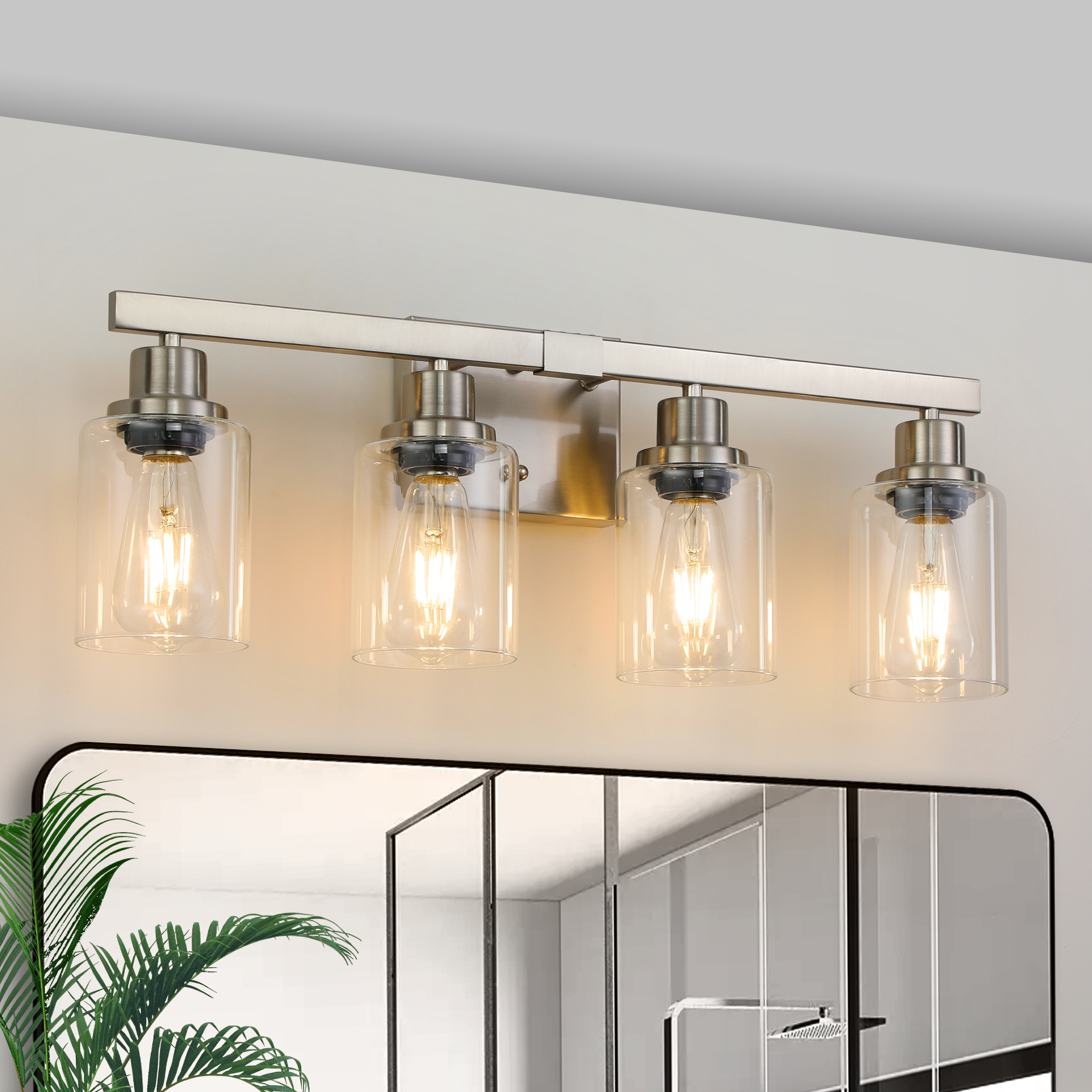 24″ Modern 4-Light Bathroom Vanity Light Fixture – Brushed Nickel Finish with Clear Glass Shades, Perfect for Bathroom, Vanity, and Dressing Area Lighting (No Bulbs)