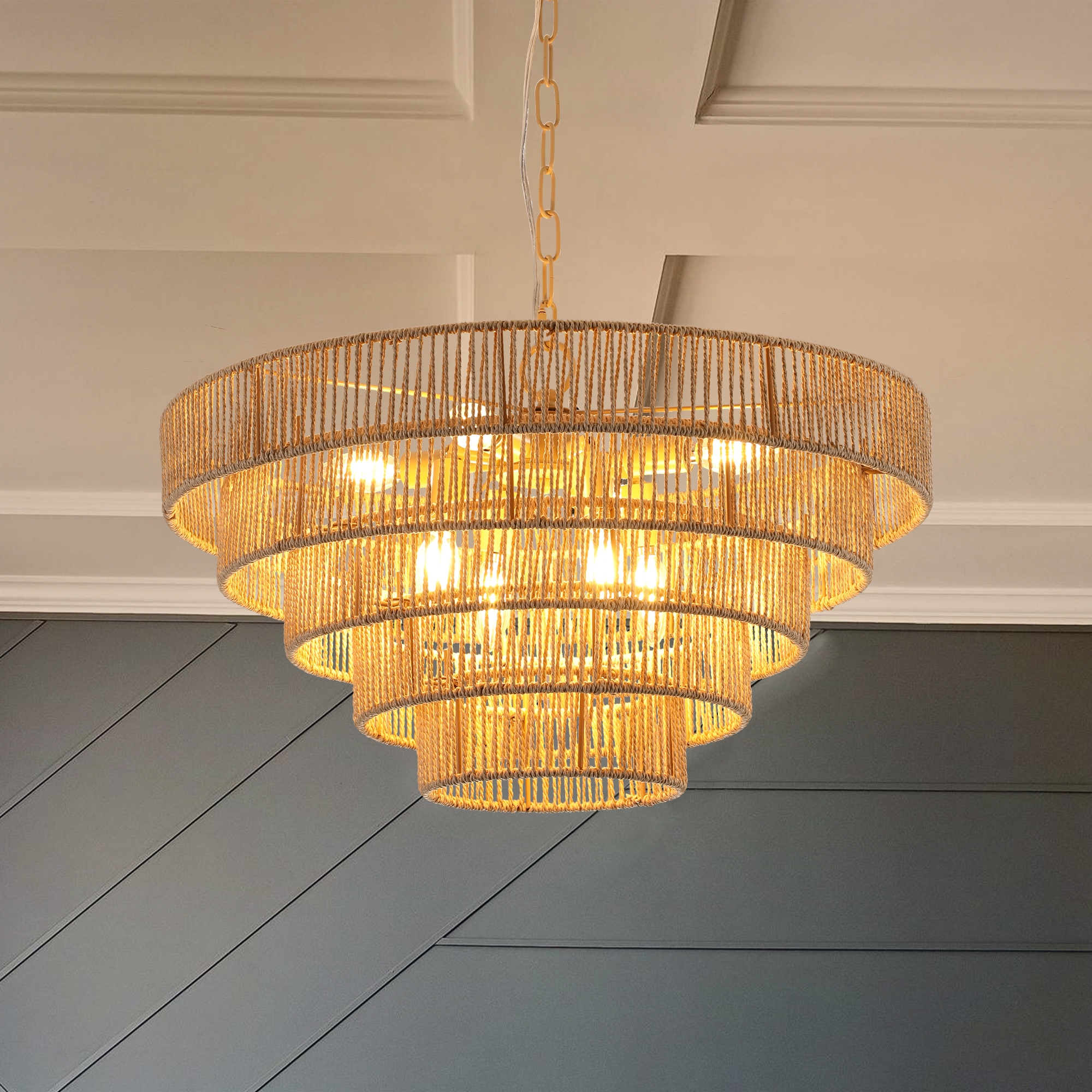 (Same as W1340P155977/L1019-5) 24″ Modern 5-Layer Woven Hemp Rope Chandelier, Boho Style Pendant Light, Elegant Hanging Light Fixture for Living Room, Dining Room, Bedroom (No Bulbs)