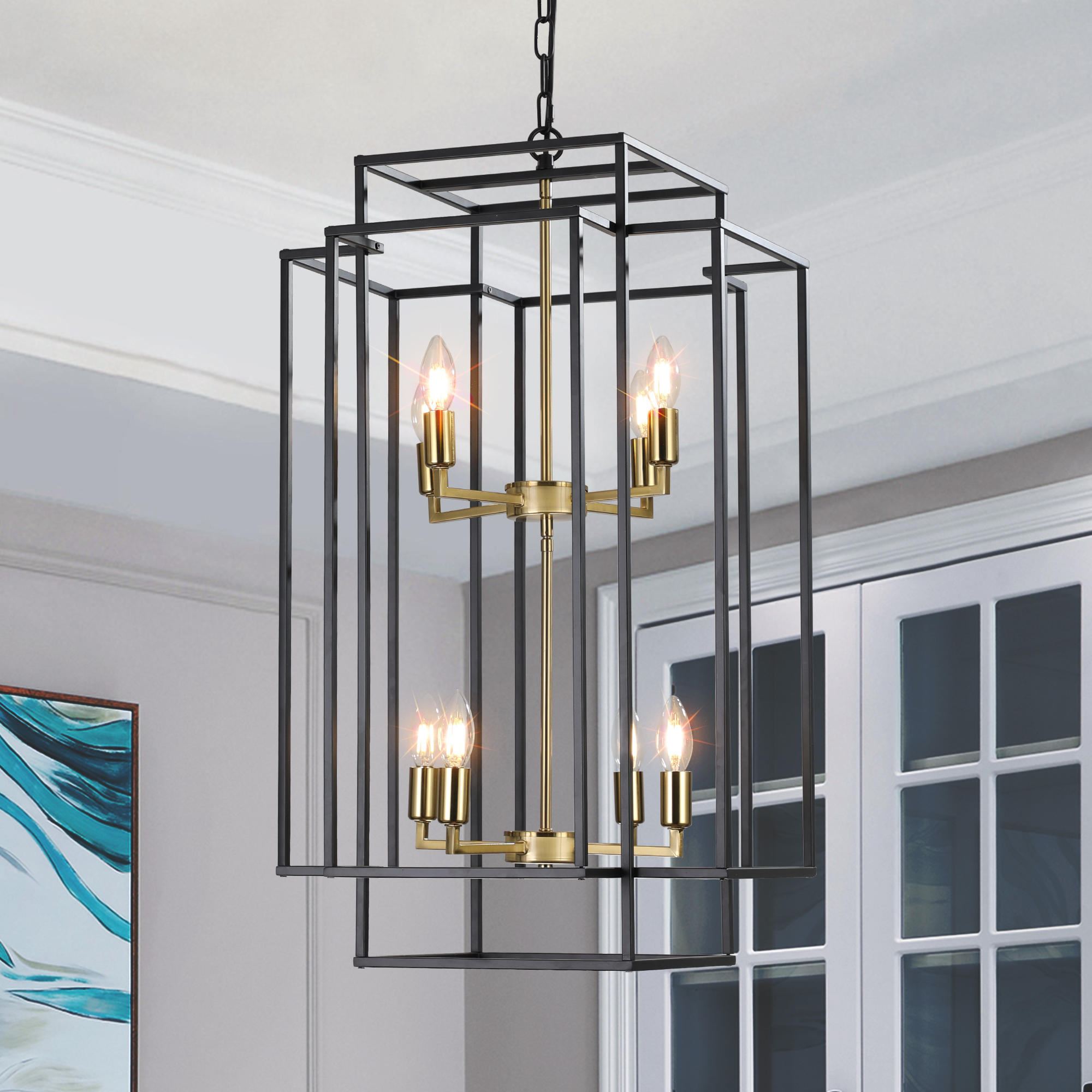 (Same as W1340142524/L1018-G) 18″ Modern 8-Light Black Gold Geometric Pendant Chandelier, Industrial Metal Frame, Adjustable Hanging Light for Living Room, Dining Room, Kitchen (No Bulbs)