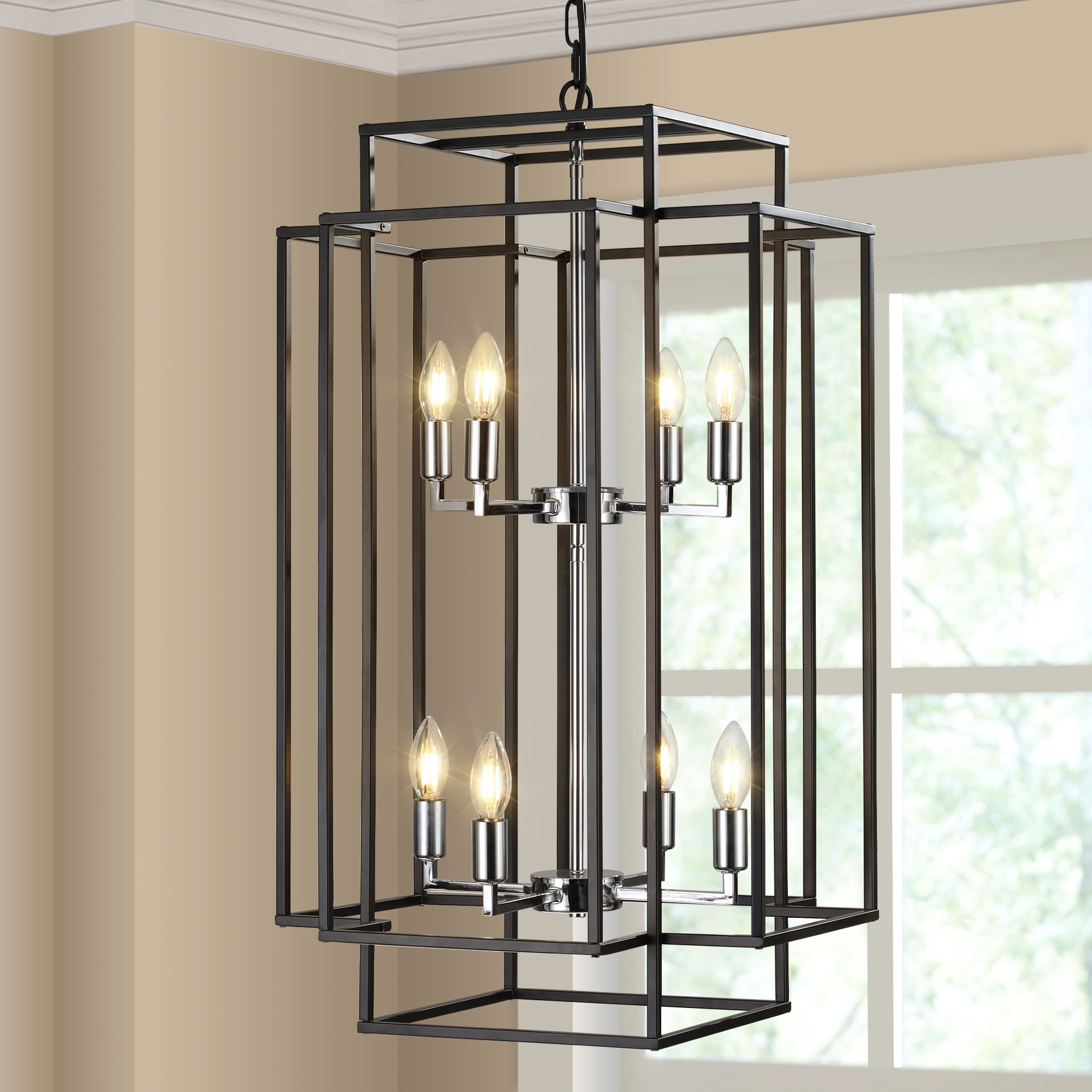 (Same as W1340142525/L1018-C) 18″ Modern 8-Light Black & Chrome Geometric Pendant Chandelier, Industrial Metal Frame, Adjustable Hanging Light for Living Room, Dining Room, Kitchen (No Bulbs)