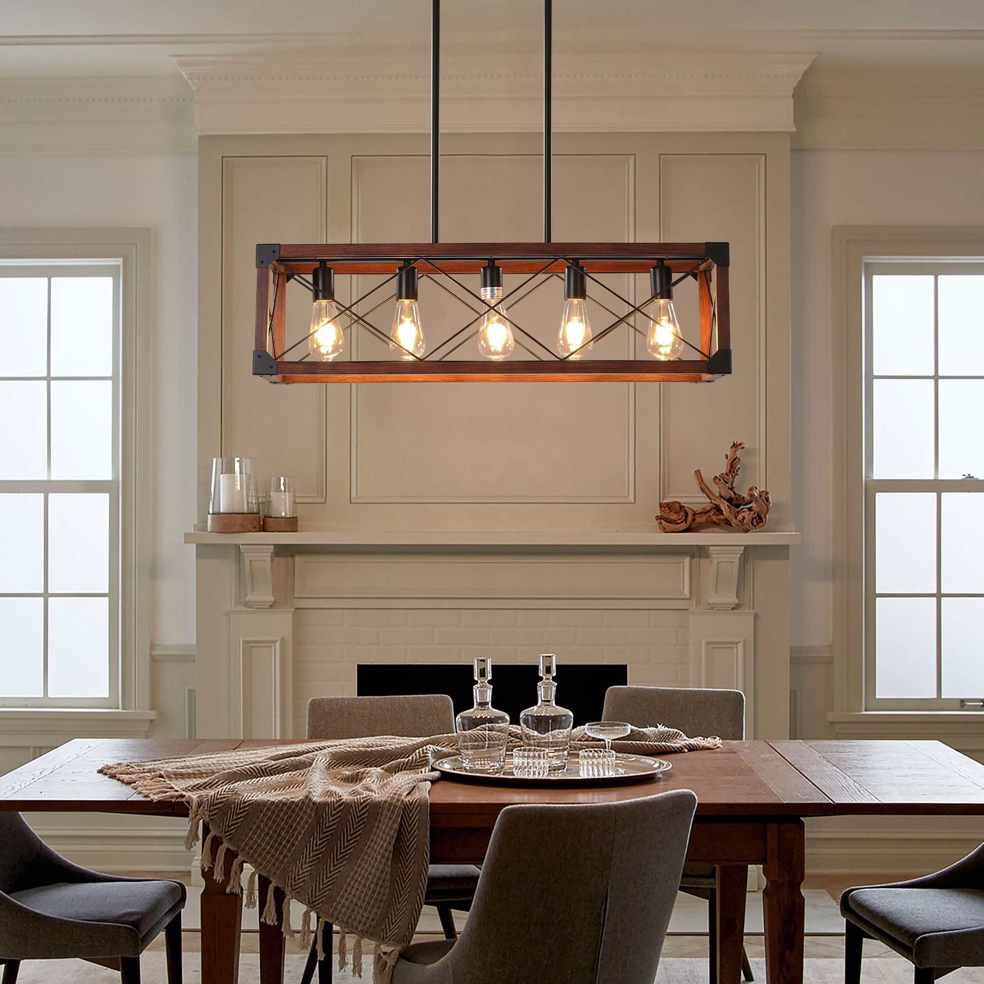 (Same as W1340P155968/L1011-RW) 32″ Red Wood Industrial Farmhouse Rectangle Pendant Light, 5-Light Chandelier for Dining Room, Kitchen Island, Cafe Decor (No Bulbs)
