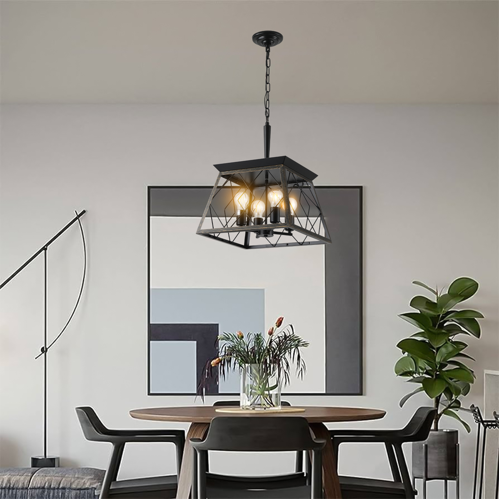 (Same as W1340111204/L1010) 16″ Black Gold Industrial 4-Light Pendant Chandelier, Modern Metal Cage Design, Adjustable Hanging Light for Dining Room, Kitchen, Living Room (No Bulbs)