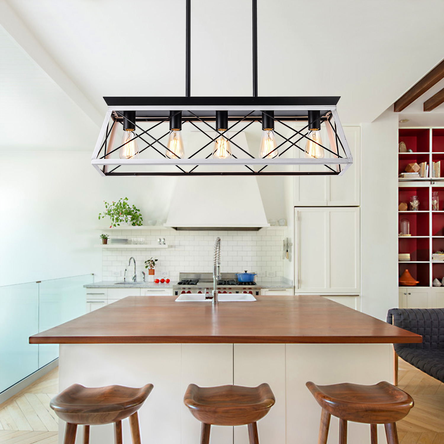 (Same as W134065438/L1001) 32″ Black White Industrial 5-Light Pendant Chandelier, Modern Metal Cage Design, Adjustable Hanging Light for Dining Room, Kitchen, Living Room (No Bulbs)