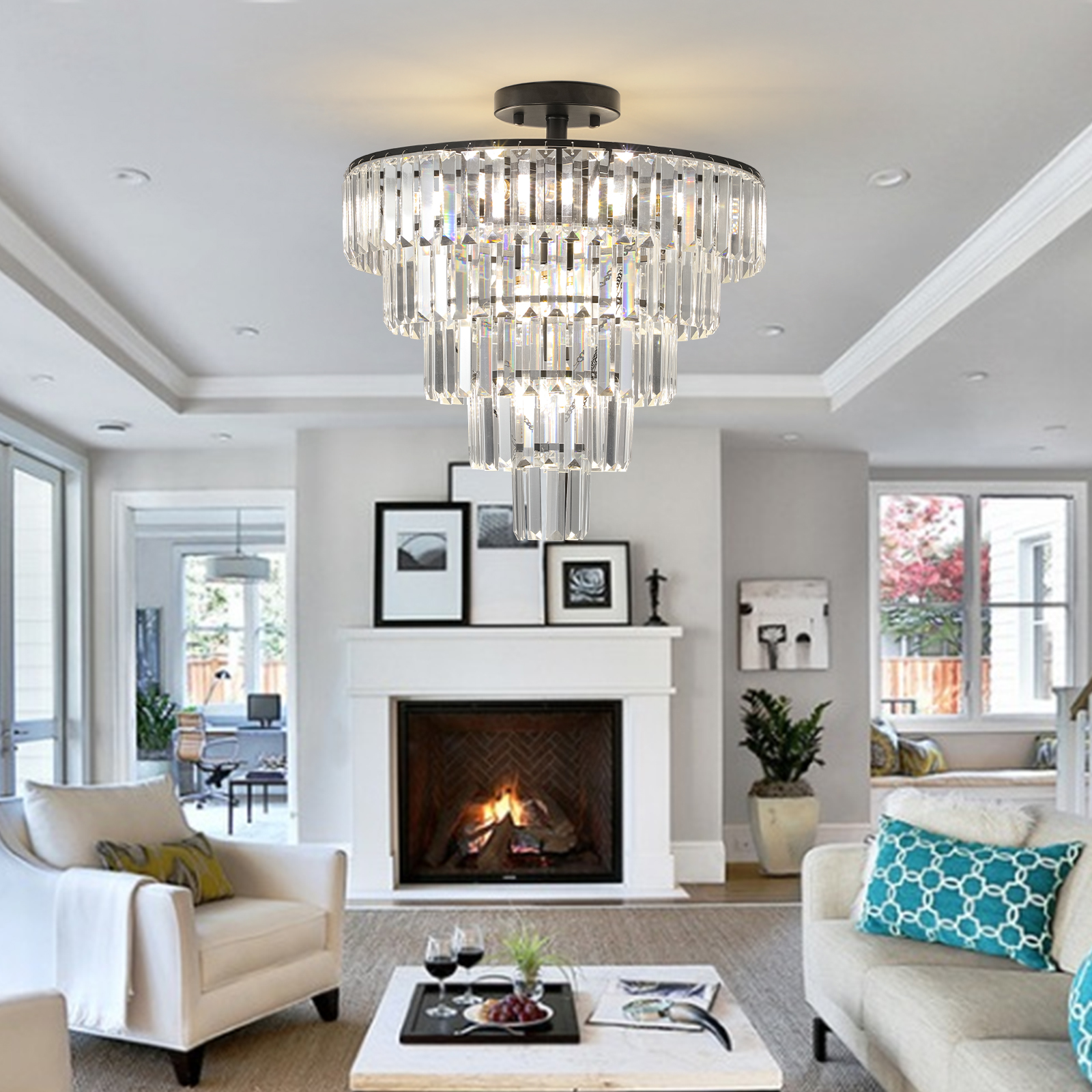 (Same as W1340110374/L5011) 20″ Black Crystal Chandelier Ceiling Light, Modern Luxury 10-Light Flush Mount Light Fixture, Elegant Home Lighting for Living Room, Dining Room, Bedroom (No Bulbs)