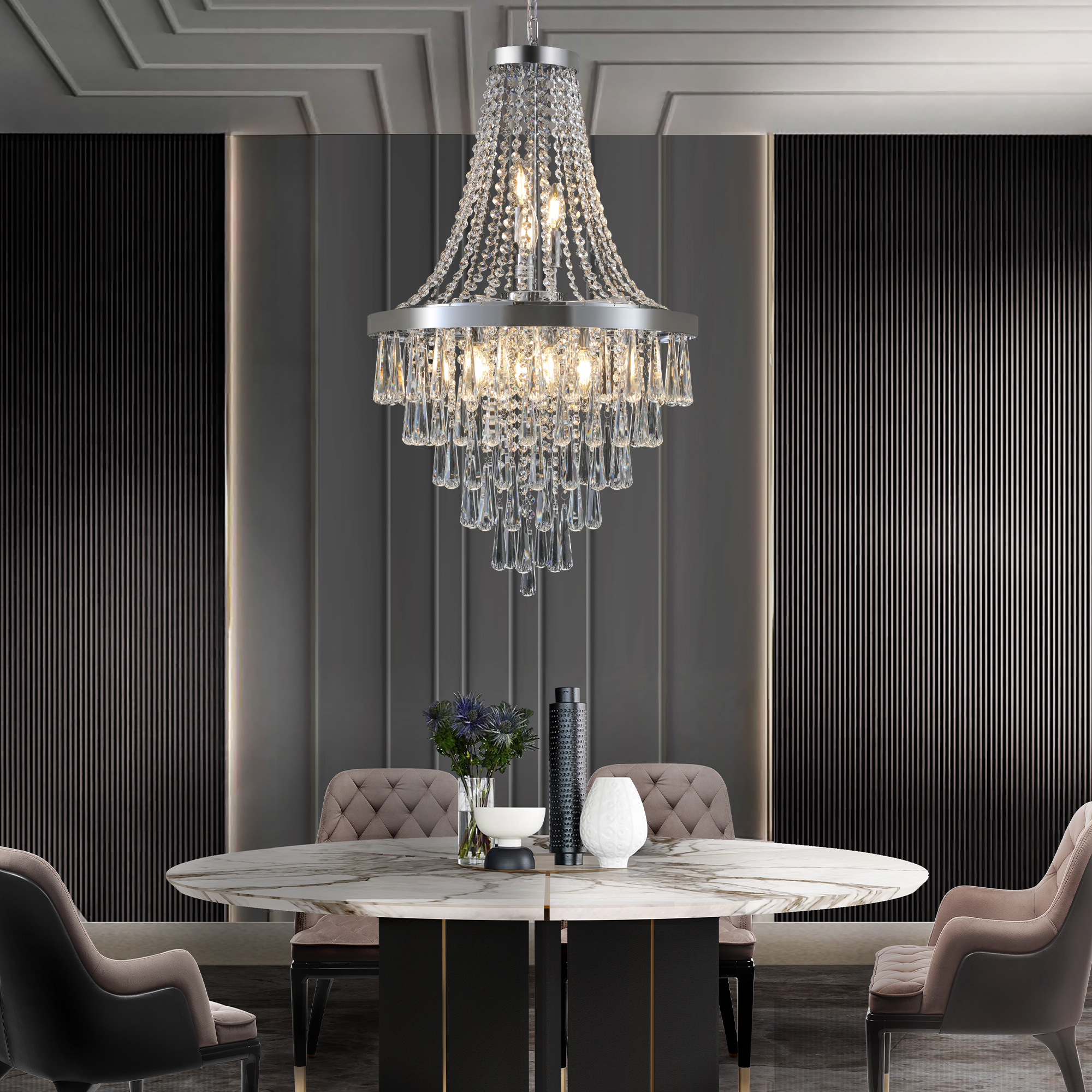 (Same as W1340P143191/L5004-500-C) 20″ Chrome Crystal Chandelier with Adjustable Height, Modern Ceiling Light Fixture for Living Room, Dining Room, Staircase, 11-Light E12 Bulb Base (No Bulbs)