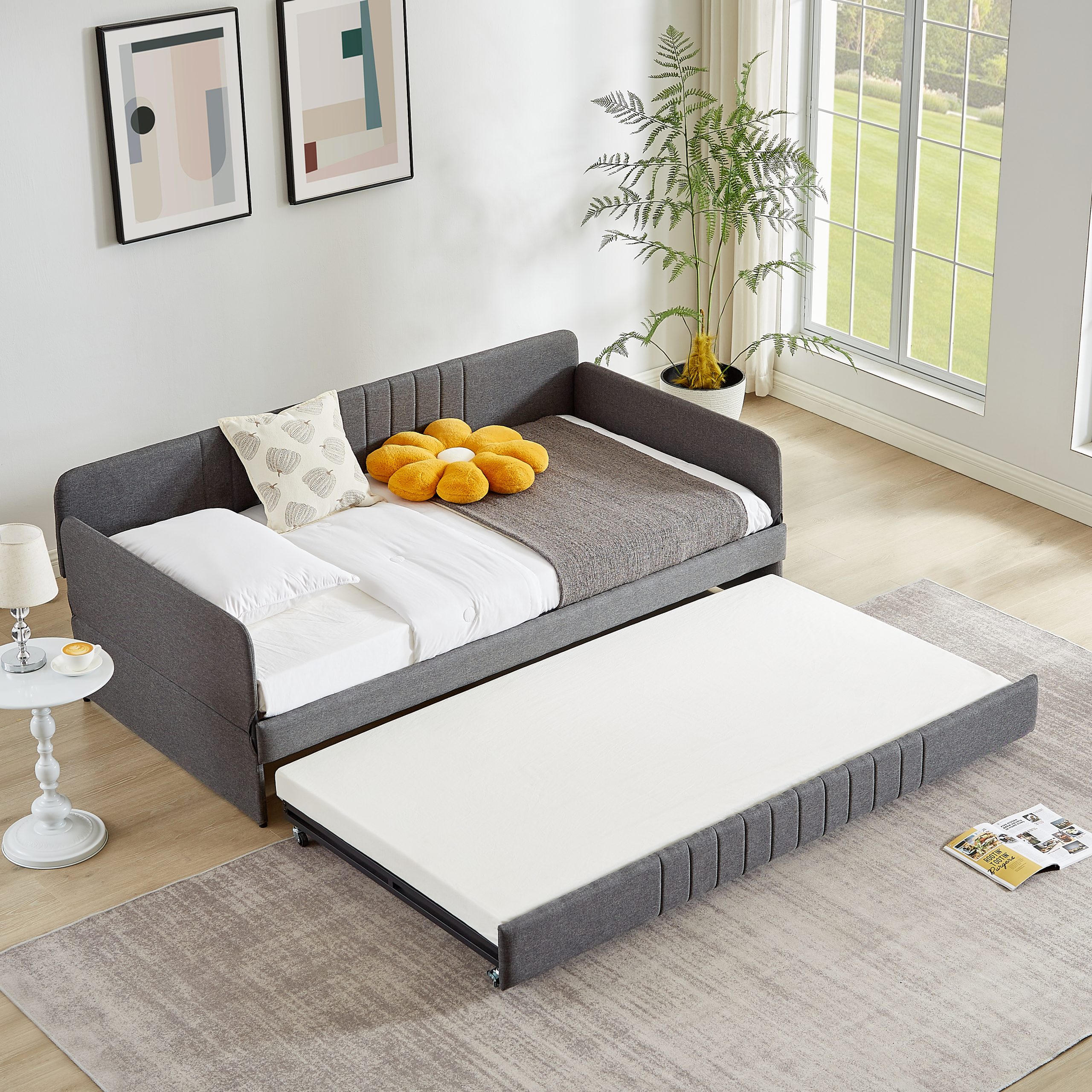 Daybed, sofa bed metal framed with trundle twin size, Grey, 78.4”L x 41”W x 29.8”H.