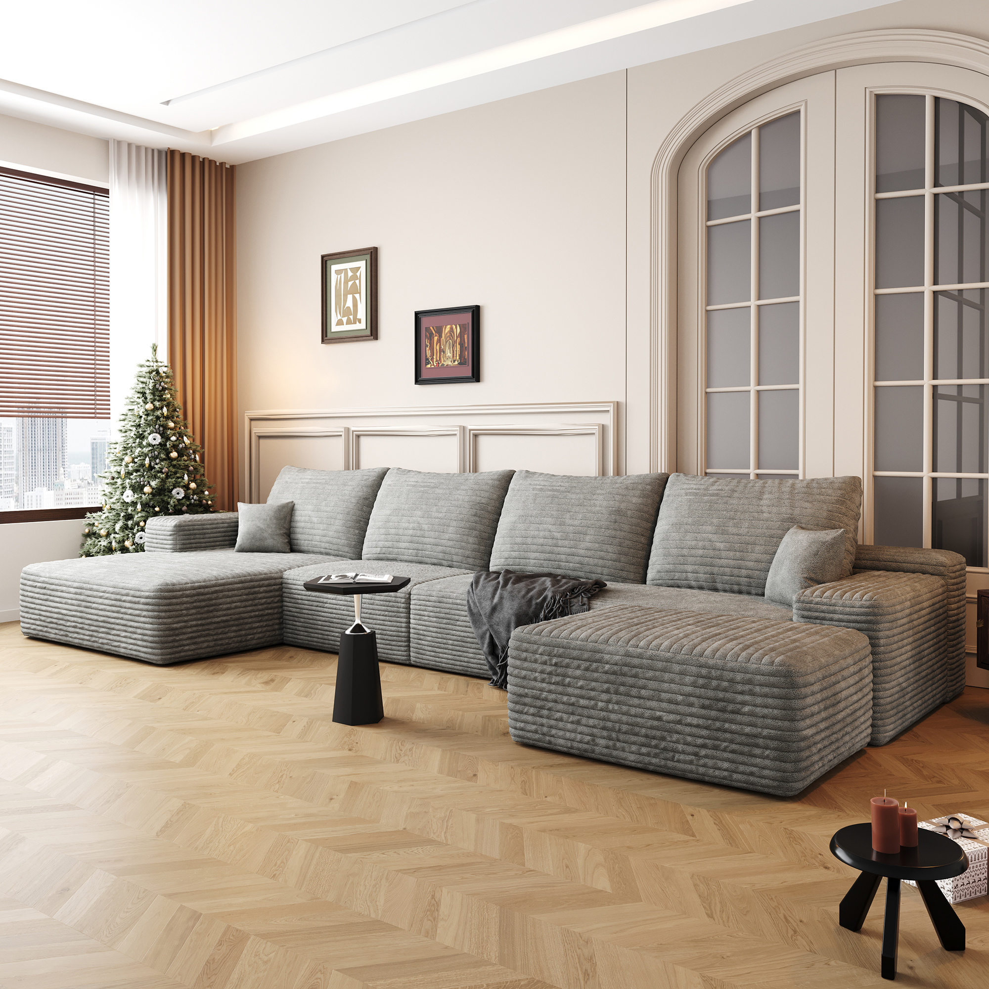 135″ Cloud Sectional Sofa with 1 Ottoman,Modern Minimalist Upholstered Couches, Comfort U Shaped Sofa for Living Room,Deep Seat Corner Couch,No Assembly Required ,Grey(Plush Corduroy Fabric)