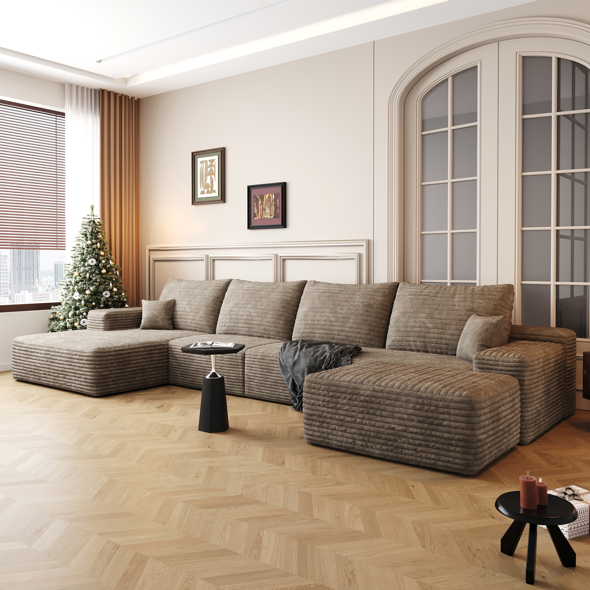 135″ Cloud Sectional Sofa with 1 Ottoman,Modern Minimalist Upholstered Couches, Comfort U Shaped Sofa for Living Room,Deep Seat Corner Couch,No Assembly Required,Camel(Plush Corduroy Fabric)